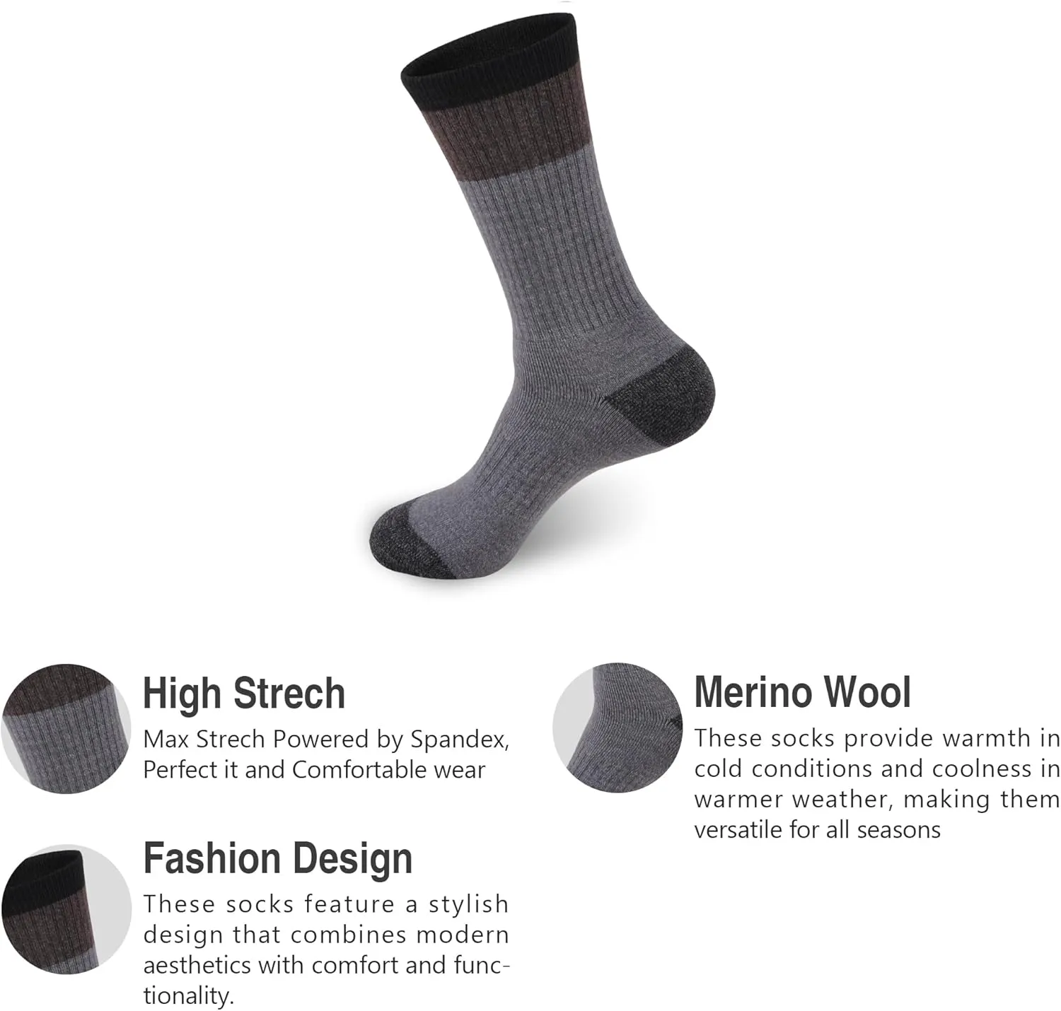 GKX Men's Merino Wool Moisture Wicking Outdoor Hiking Trekking Work Cushion Crew Socks 9-11,10-13