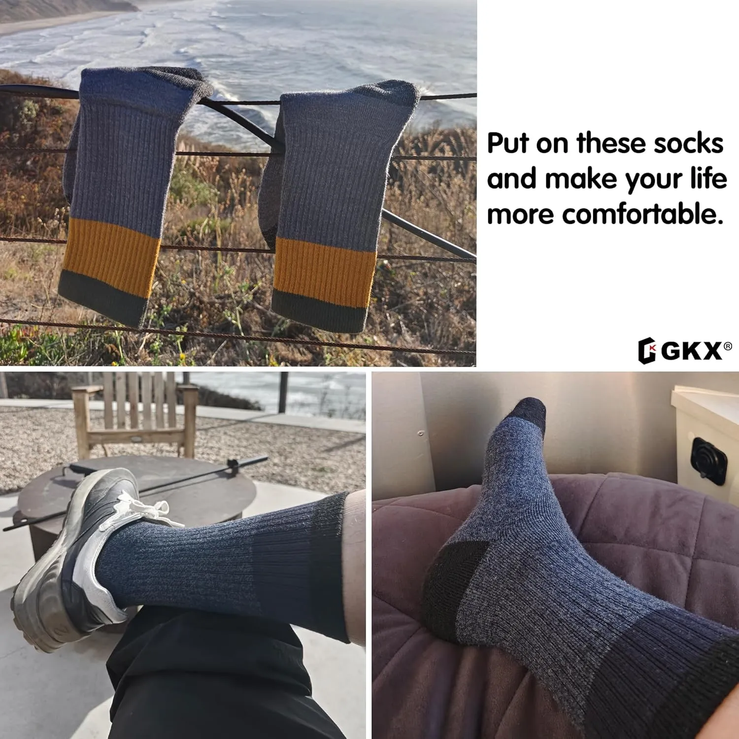 GKX Men's Merino Wool Moisture Wicking Outdoor Hiking Trekking Work Cushion Crew Socks 9-11,10-13