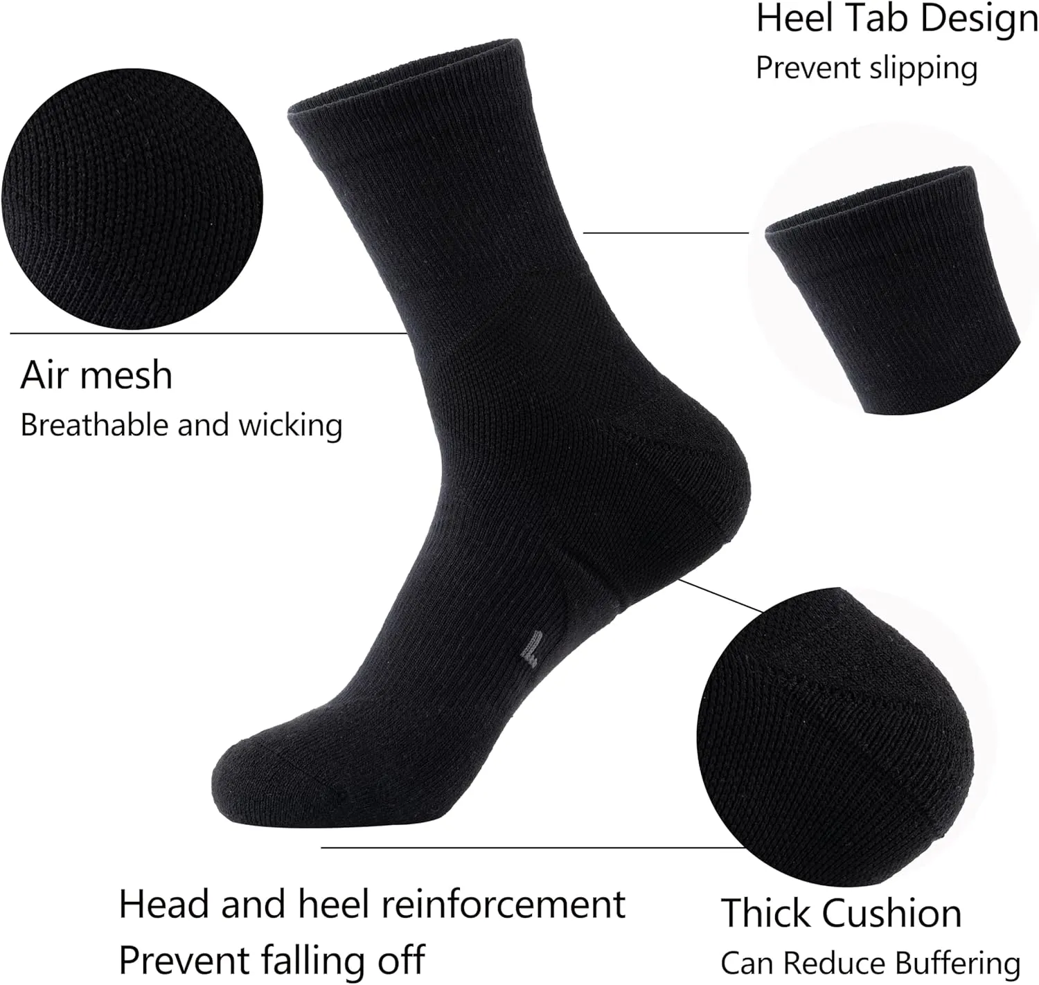 GLENMEARL Mens Crew Socks, 5 Pair Cushioned Work Socks for Men, Cotton Athletic Boot Sock, Moisture Wicking Sock for Hiking