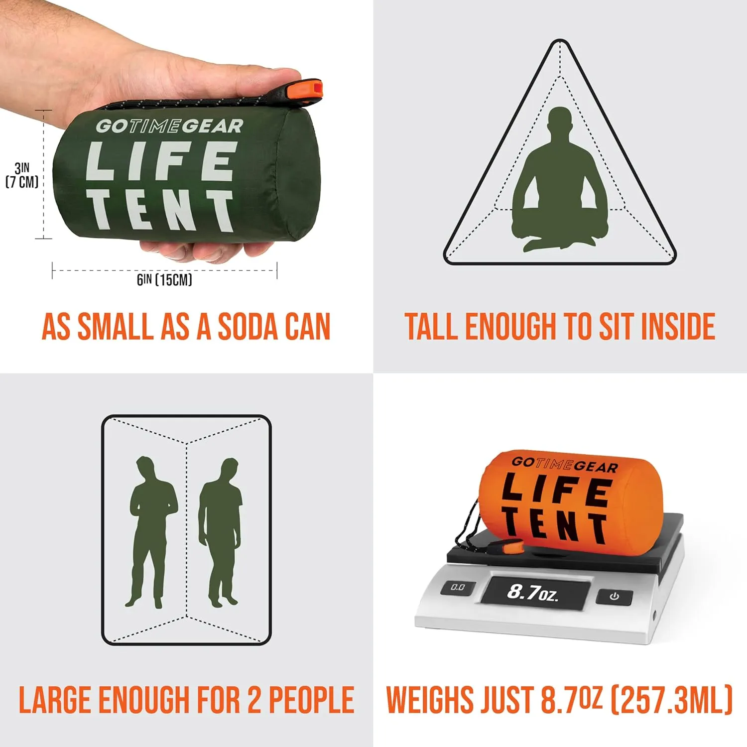 Go Time Gear Survival Life Tent • 2 Person Mylar Emergency Shelter Tube Tent   Paracord • All-Weather Protection for Camping, Hiking, & Survival Kits • Includes Emergency Whistle