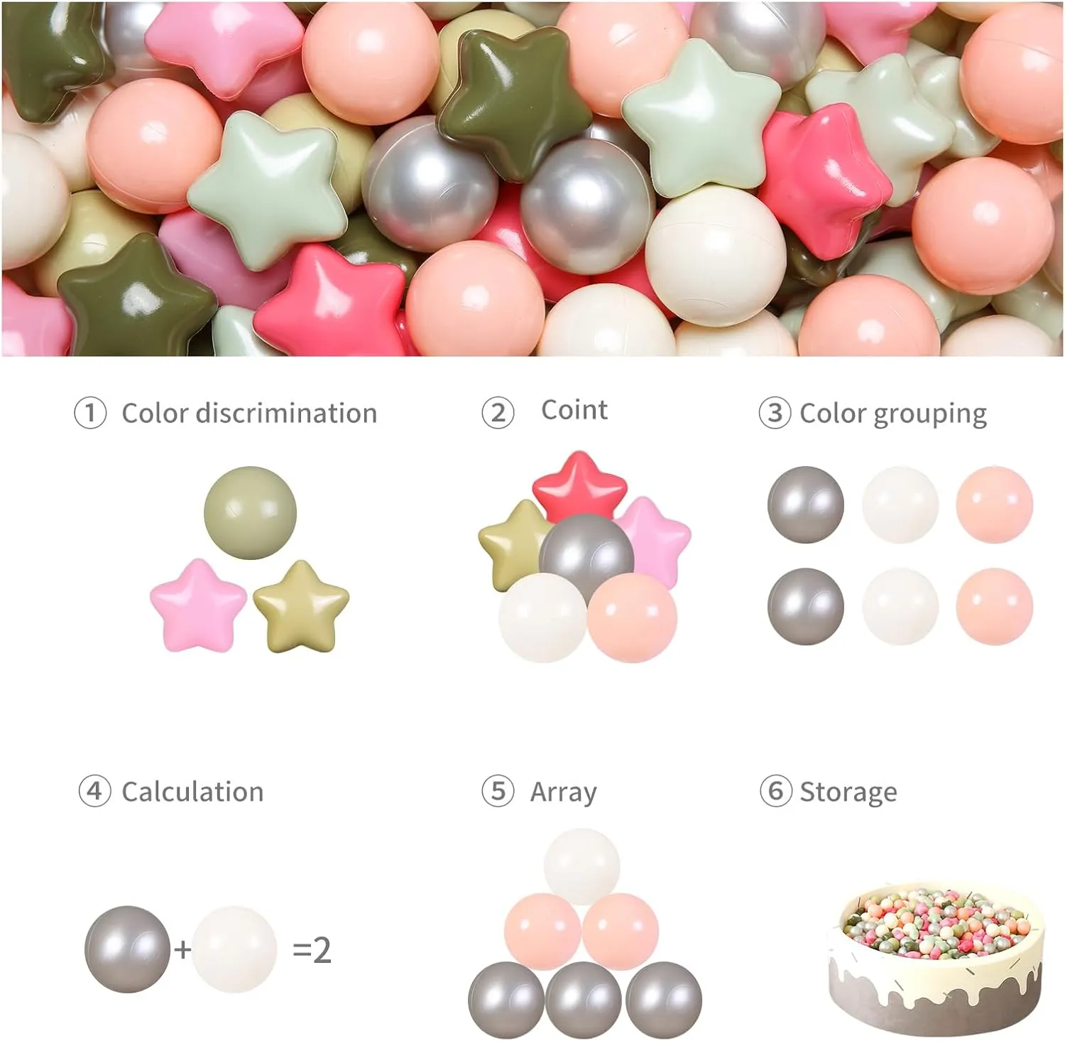 GOGOSO Ball Pit Balls for Toddlers Phthalate-Free BPA-Free Non-Toxic Crush Proof Soft Plastic Play Balls Baby Kids Shape Tent Pool Playhouse Playpen Party Decor,Stars Pink Green White Netural,100PCS