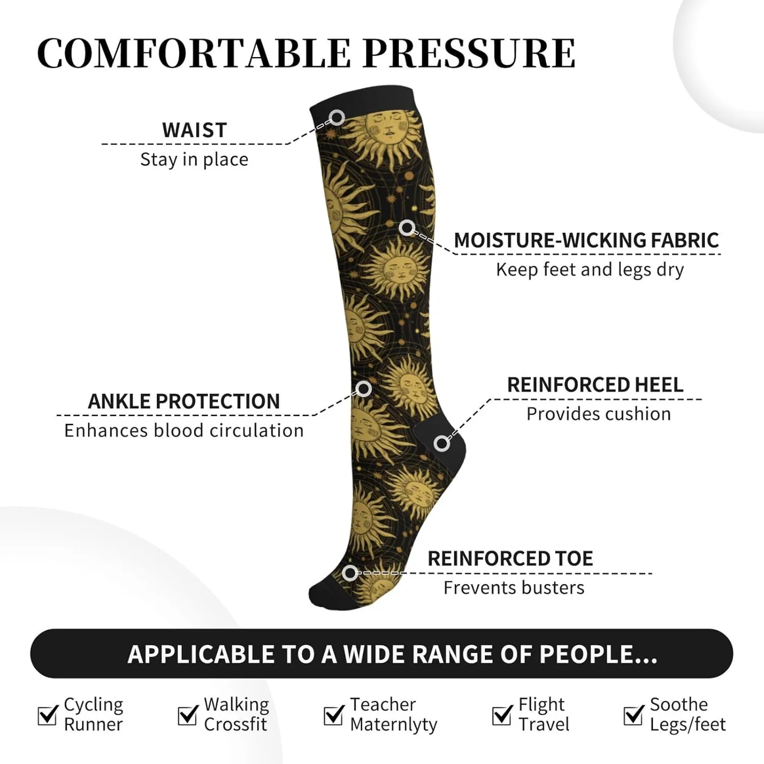 Golden Sun Face Crescent Knee High Compression Socks Support For Media