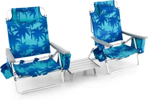 Goplus Beach Chair, Folding Backpack Beach Chairs for Adults with 5 Positions, Head Pillow, Cooler Bag, Towel Bar, Cup Holders, Sunbath Sling Tanning Lounge, Foldable Layout Camping Chairs