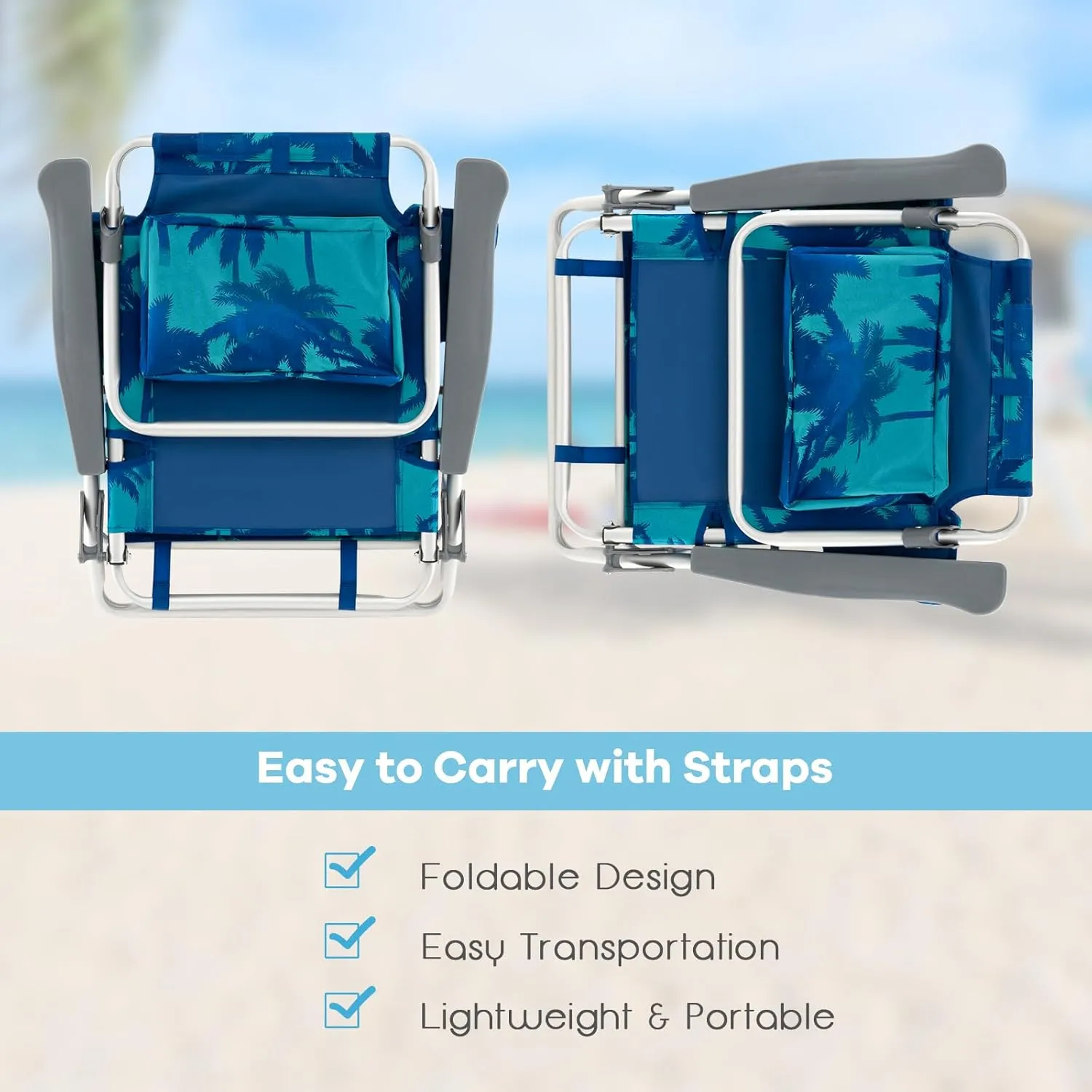 Goplus Beach Chair, Folding Backpack Beach Chairs for Adults with 5 Positions, Head Pillow, Cooler Bag, Towel Bar, Cup Holders, Sunbath Sling Tanning Lounge, Foldable Layout Camping Chairs