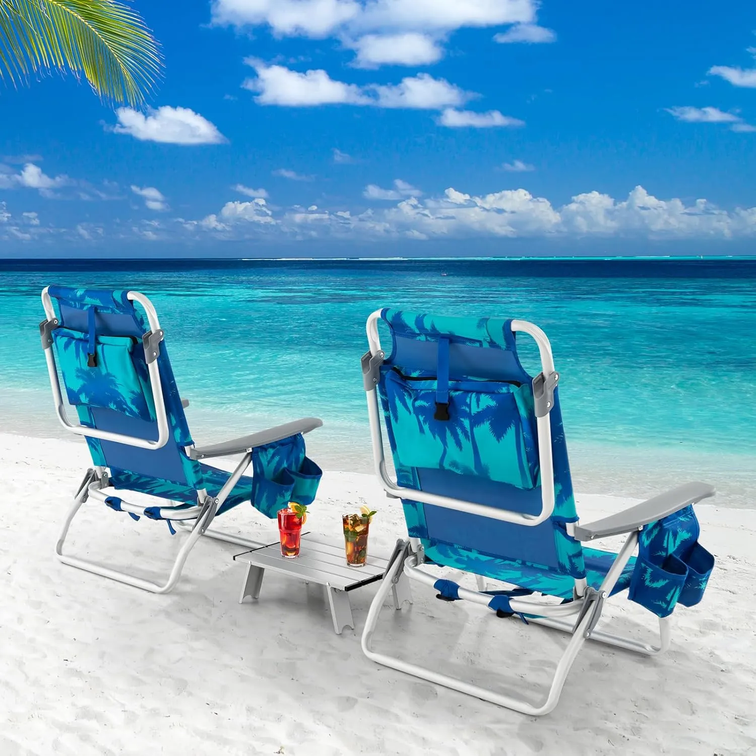 Goplus Beach Chair, Folding Backpack Beach Chairs for Adults with 5 Positions, Head Pillow, Cooler Bag, Towel Bar, Cup Holders, Sunbath Sling Tanning Lounge, Foldable Layout Camping Chairs