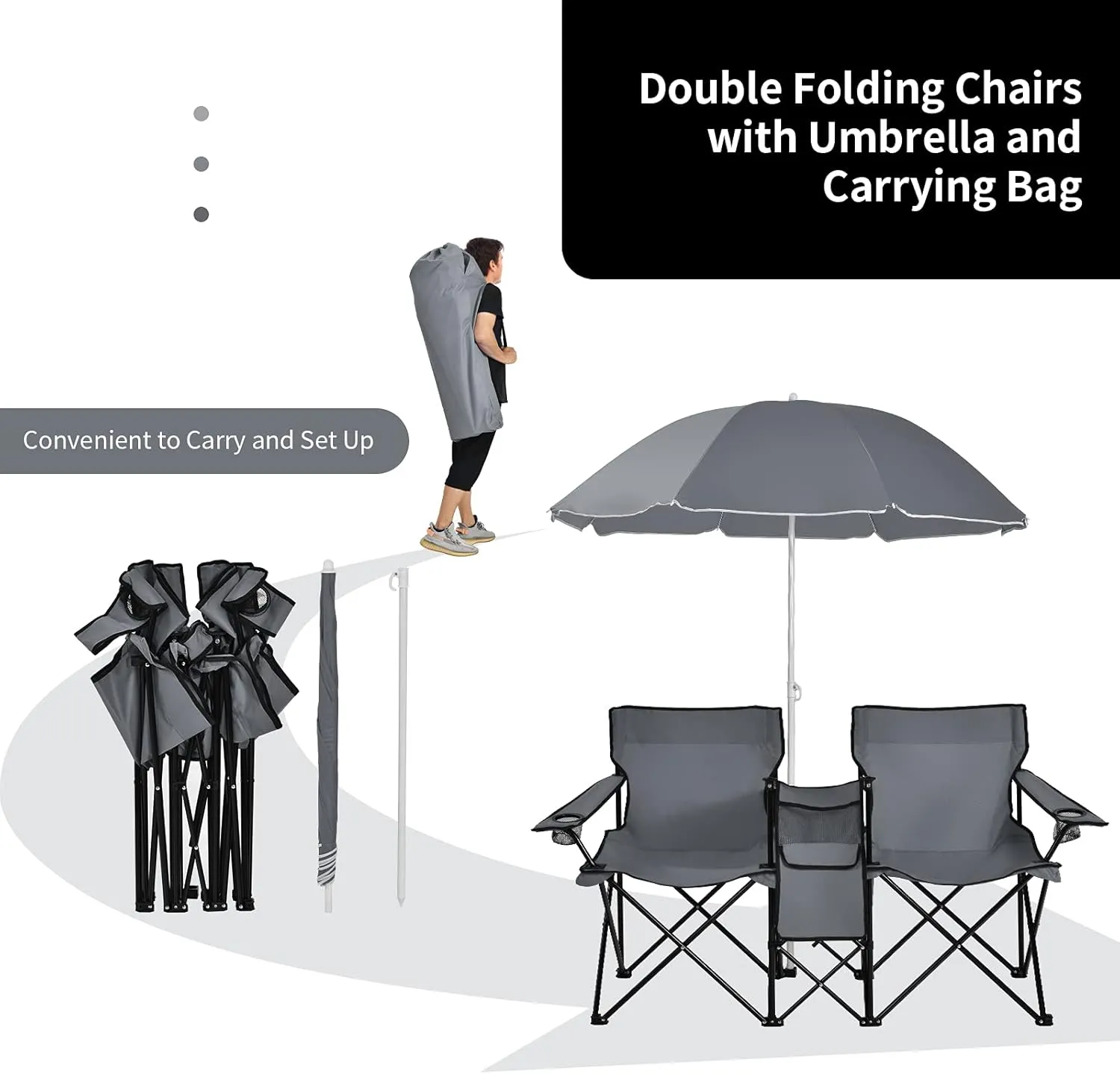 Goplus Double Camping Chair with Umbrella, Folding Loveseat Chairs w/Canopy Shade, Carrying Bag, Table, Cup Holder, Portable Beach Chairs Outdoor Picnic Patio (Grey)