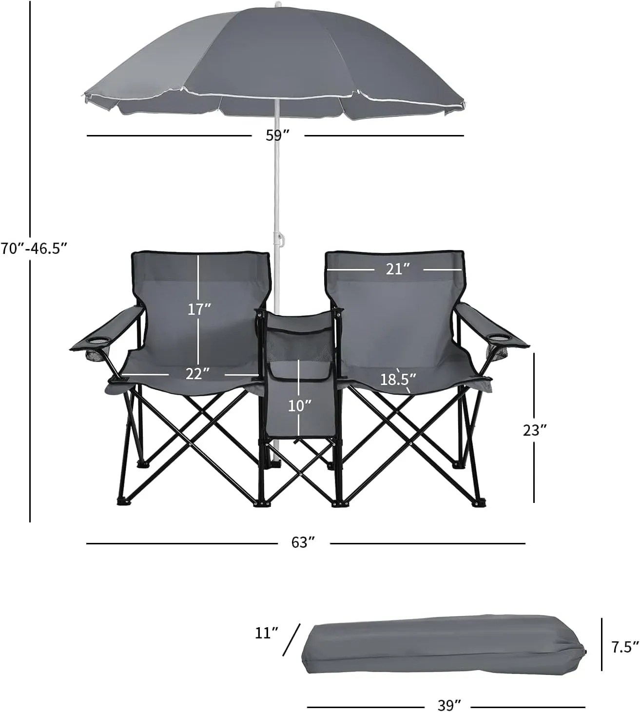 Goplus Double Camping Chair with Umbrella, Folding Loveseat Chairs w/Canopy Shade, Carrying Bag, Table, Cup Holder, Portable Beach Chairs Outdoor Picnic Patio (Grey)