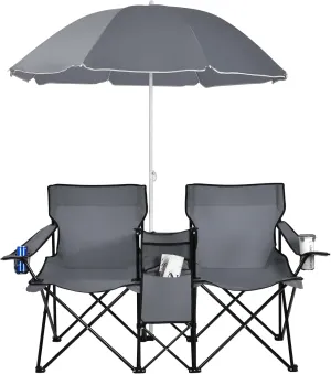 Goplus Double Camping Chair with Umbrella, Folding Loveseat Chairs w/Canopy Shade, Carrying Bag, Table, Cup Holder, Portable Beach Chairs Outdoor Picnic Patio (Grey)