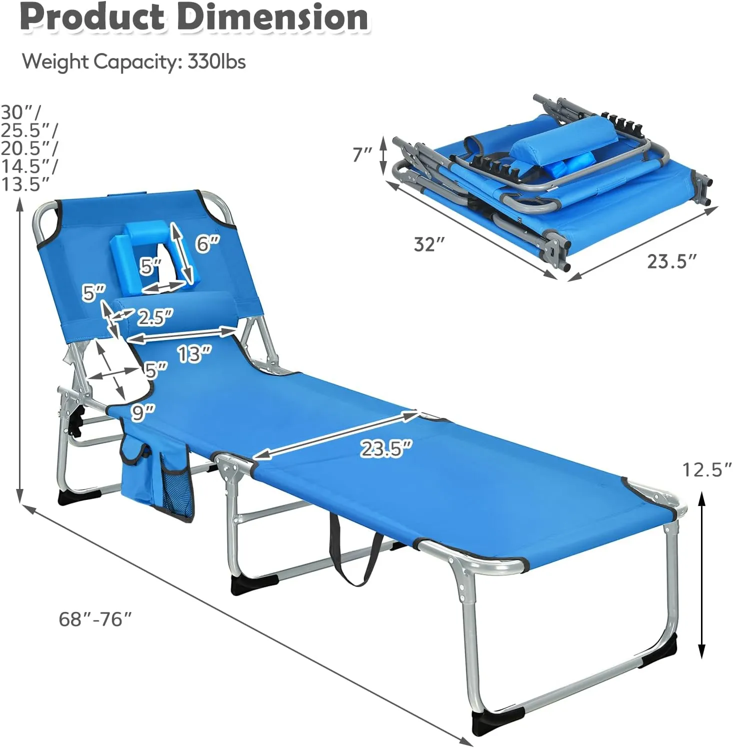 Goplus Tanning Chair, Folding Beach Lounge Chair with Face &Arm Hole, 5-Position Adjustable,Removable Pillow,Side Pocket, Sunbathing Chair, Portable Outdoor Lounge Chair for Patio Pool Lawn (1, Navy)