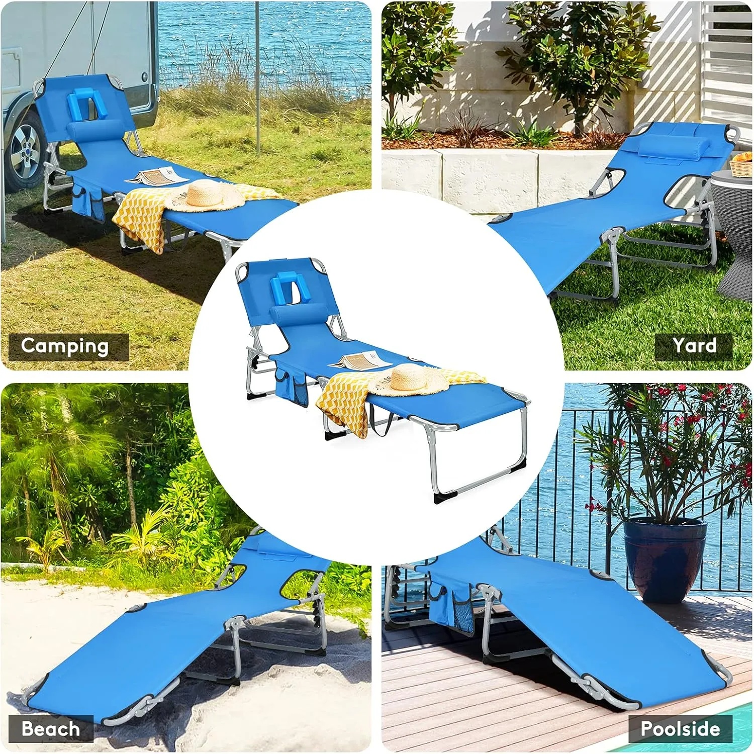 Goplus Tanning Chair, Folding Beach Lounge Chair with Face &Arm Hole, 5-Position Adjustable,Removable Pillow,Side Pocket, Sunbathing Chair, Portable Outdoor Lounge Chair for Patio Pool Lawn (1, Navy)