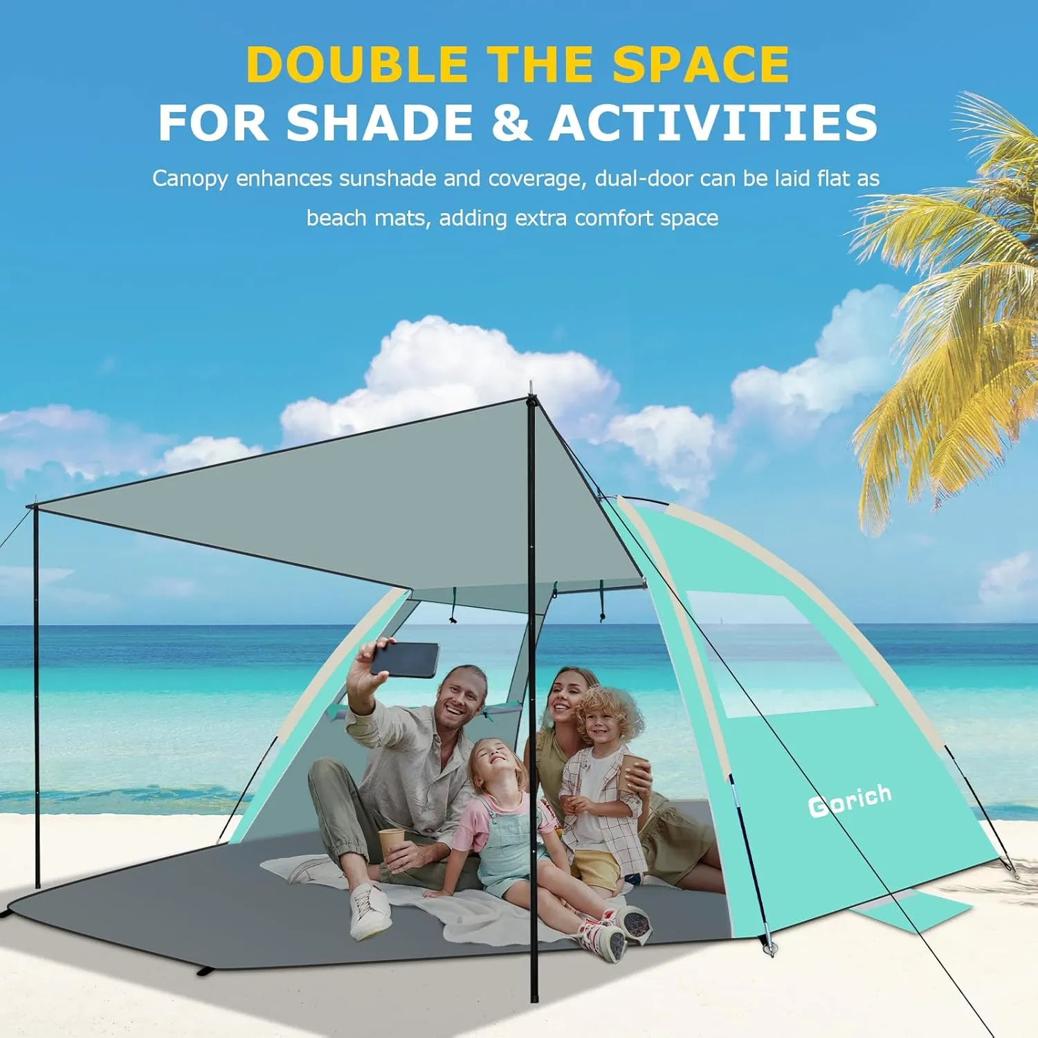 Gorich Beach Tent with Canopy - Easy Setup 3-8 Person Portable Sun Shelter, UPF 50  UV Protection Sun Shade, Lightweight & Compact Beach Cabana for Family Travel