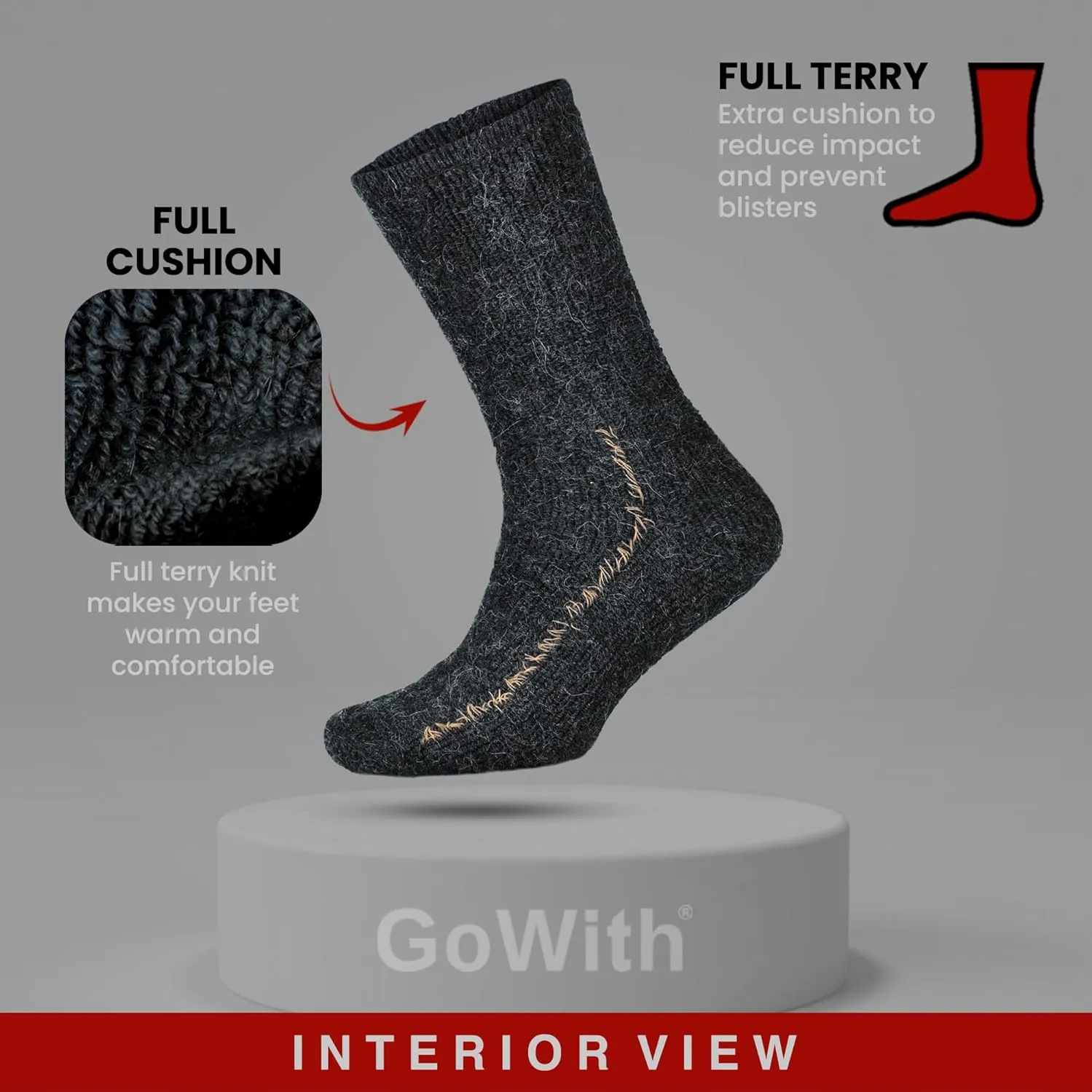 GoWith Alpaca Wool Hiking Crew Socks for Men & Women, Cushioned Terry Warm Socks, Thermal Thick Merino Blend Camping Socks