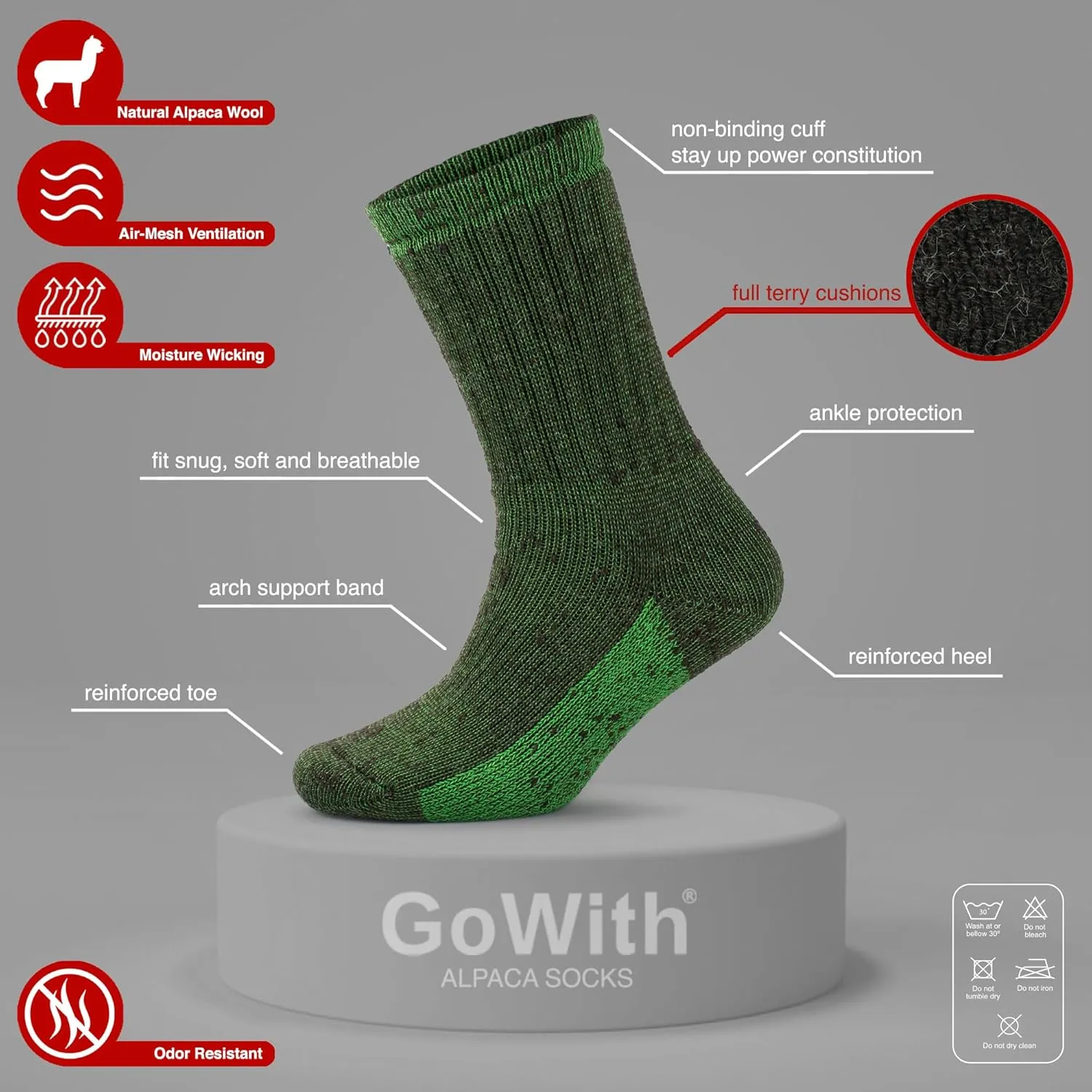 GoWith Alpaca Wool Hiking Crew Socks for Men & Women, Cushioned Terry Warm Socks, Thermal Thick Merino Blend Camping Socks