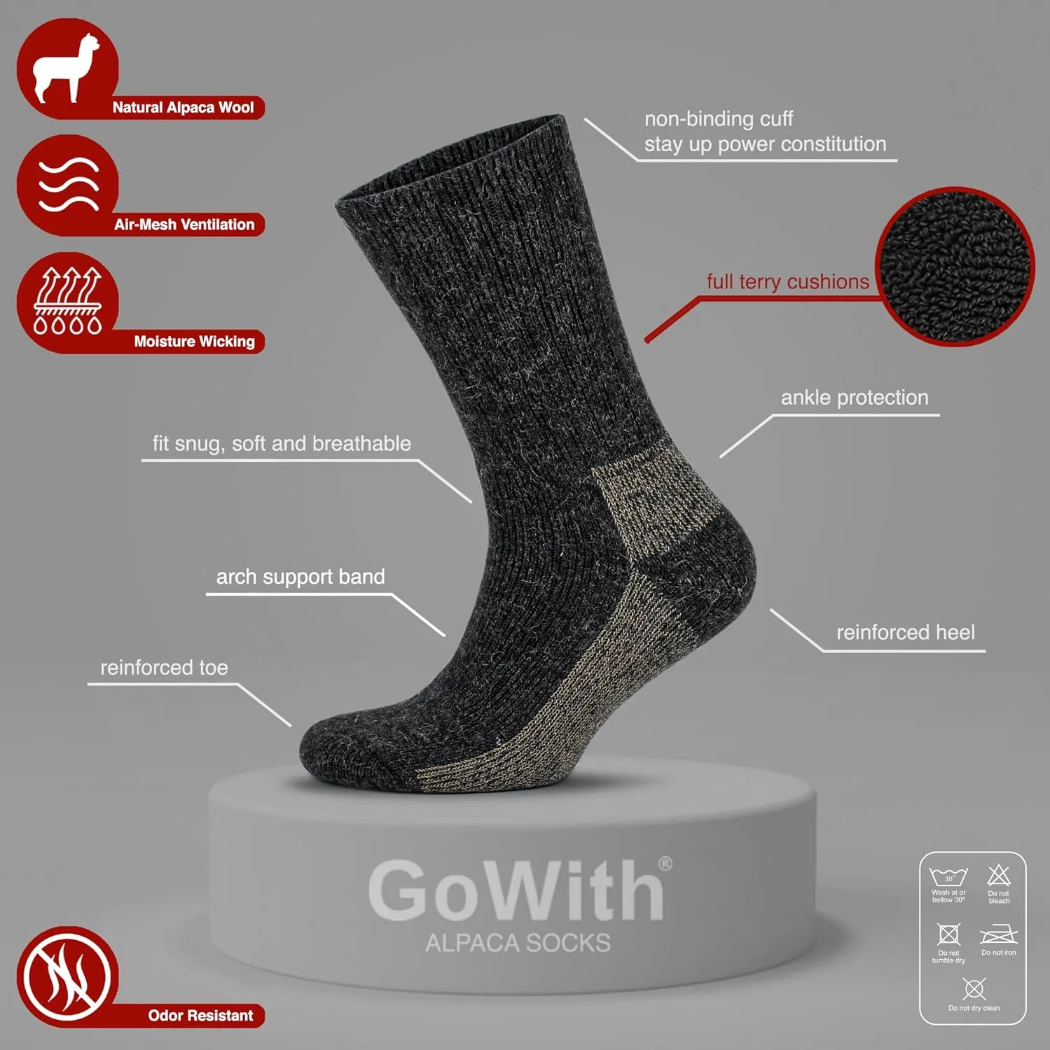 GoWith Alpaca Wool Hiking Crew Socks for Men & Women, Cushioned Terry Warm Socks, Thermal Thick Merino Blend Camping Socks