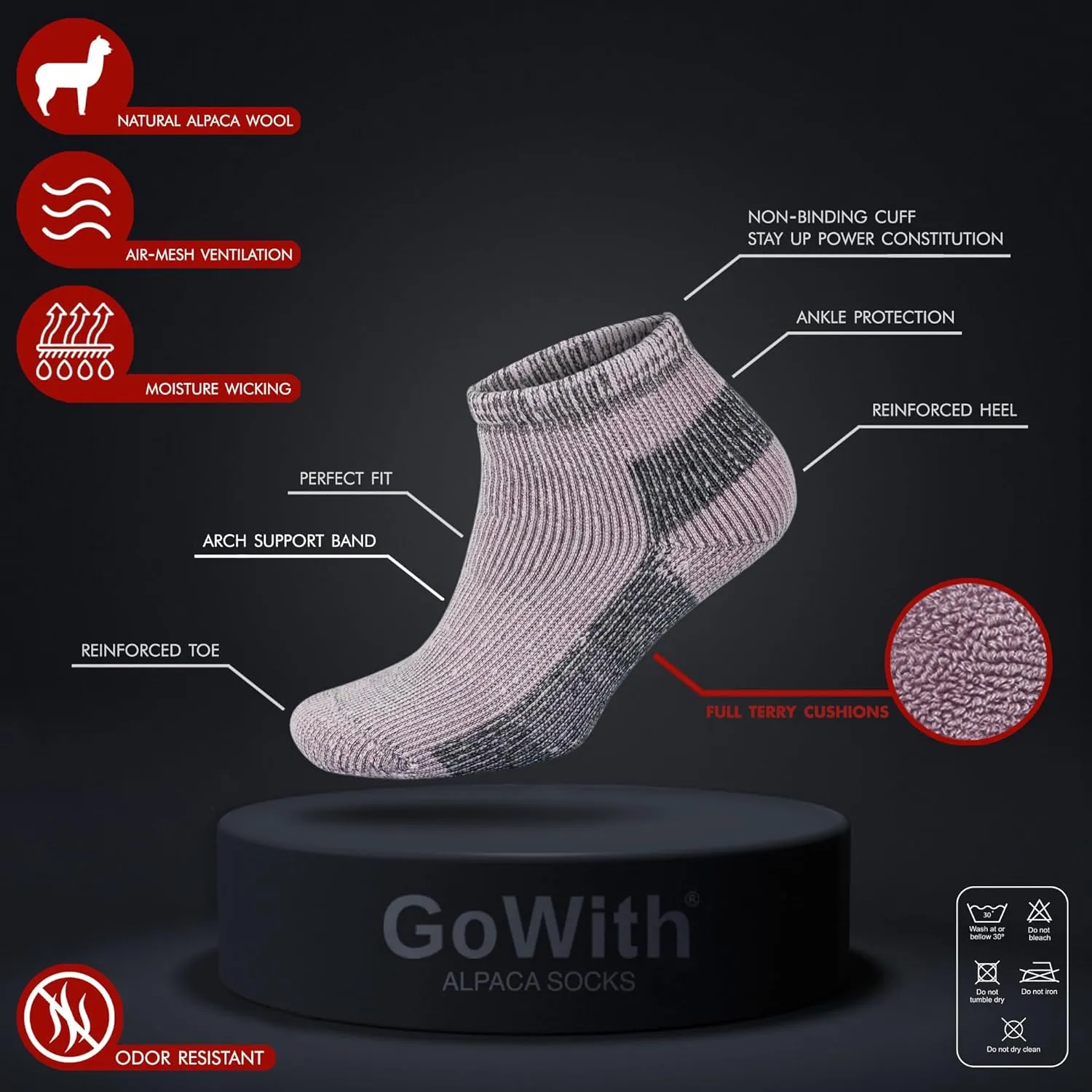 GoWith Alpaca Wool Low-Cut Socks for Men & Women, Cushioned Terry Warm Thermal Thick Merino Blend Camping Socks