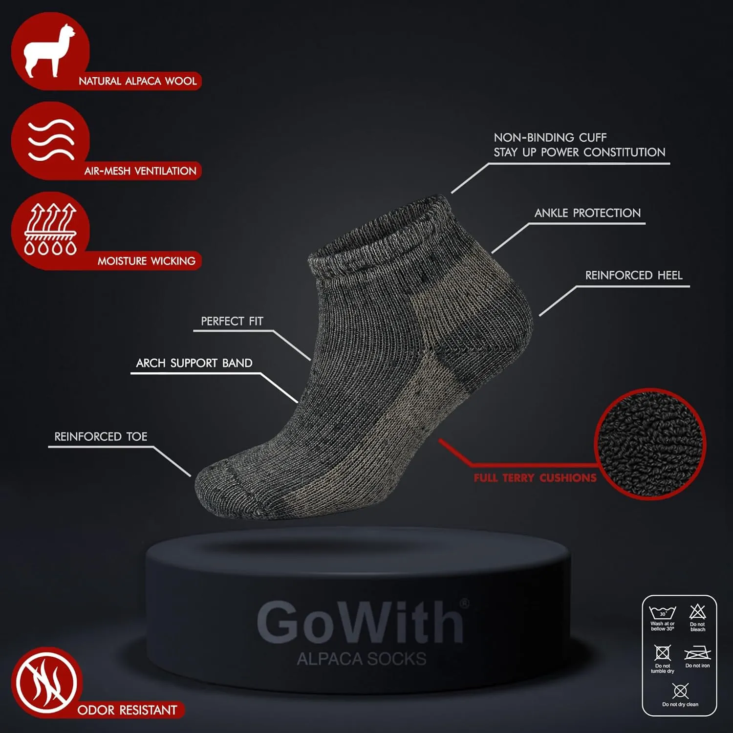 GoWith Alpaca Wool Low-Cut Socks for Men & Women, Cushioned Terry Warm Thermal Thick Merino Blend Camping Socks