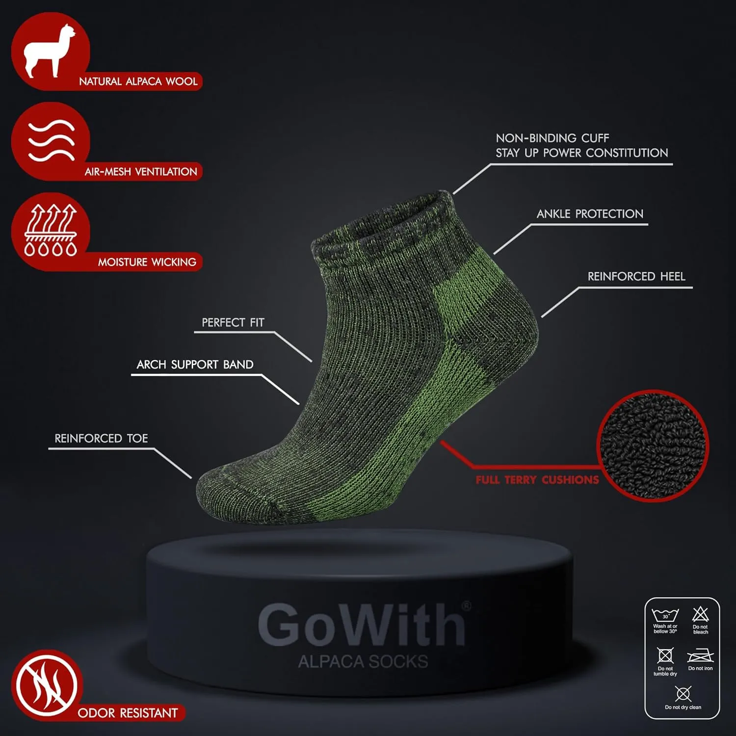 GoWith Alpaca Wool Low-Cut Socks for Men & Women, Cushioned Terry Warm Thermal Thick Merino Blend Camping Socks
