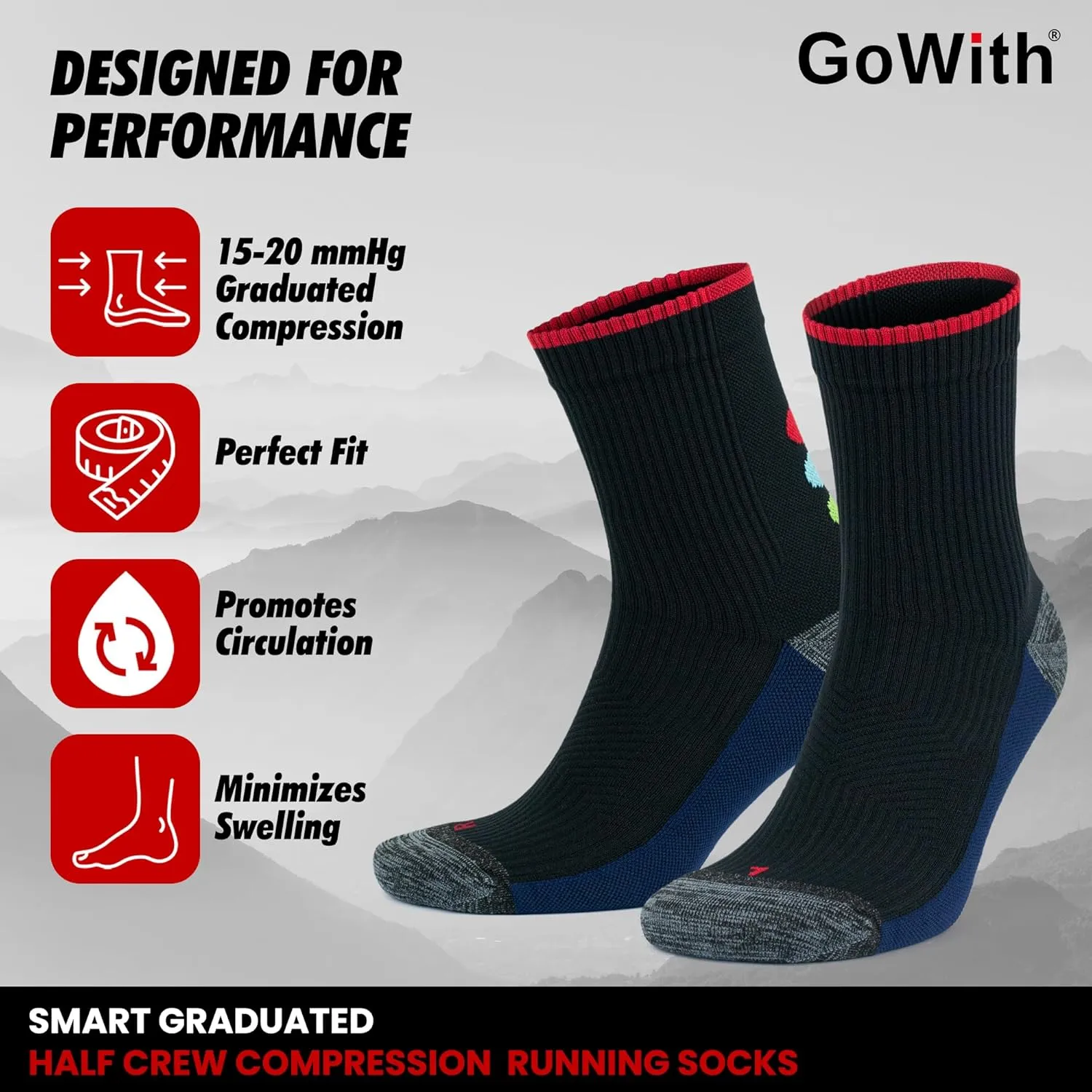 GoWith Running Socks for Men & Women, 15-20 mmHg Cushioned Seamless Quarter Socks for Workout, Trekking