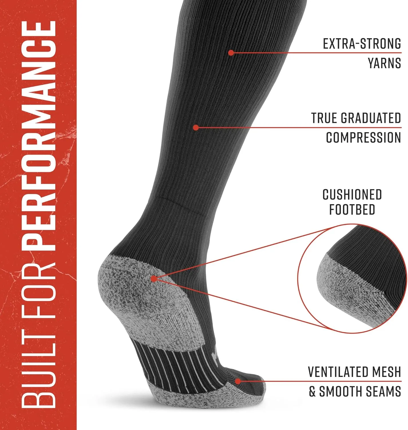 Graduated Compression Socks, Durable, Sweat-Resistant OCR Performance Socks with Cushioned Footbed, Made in USA