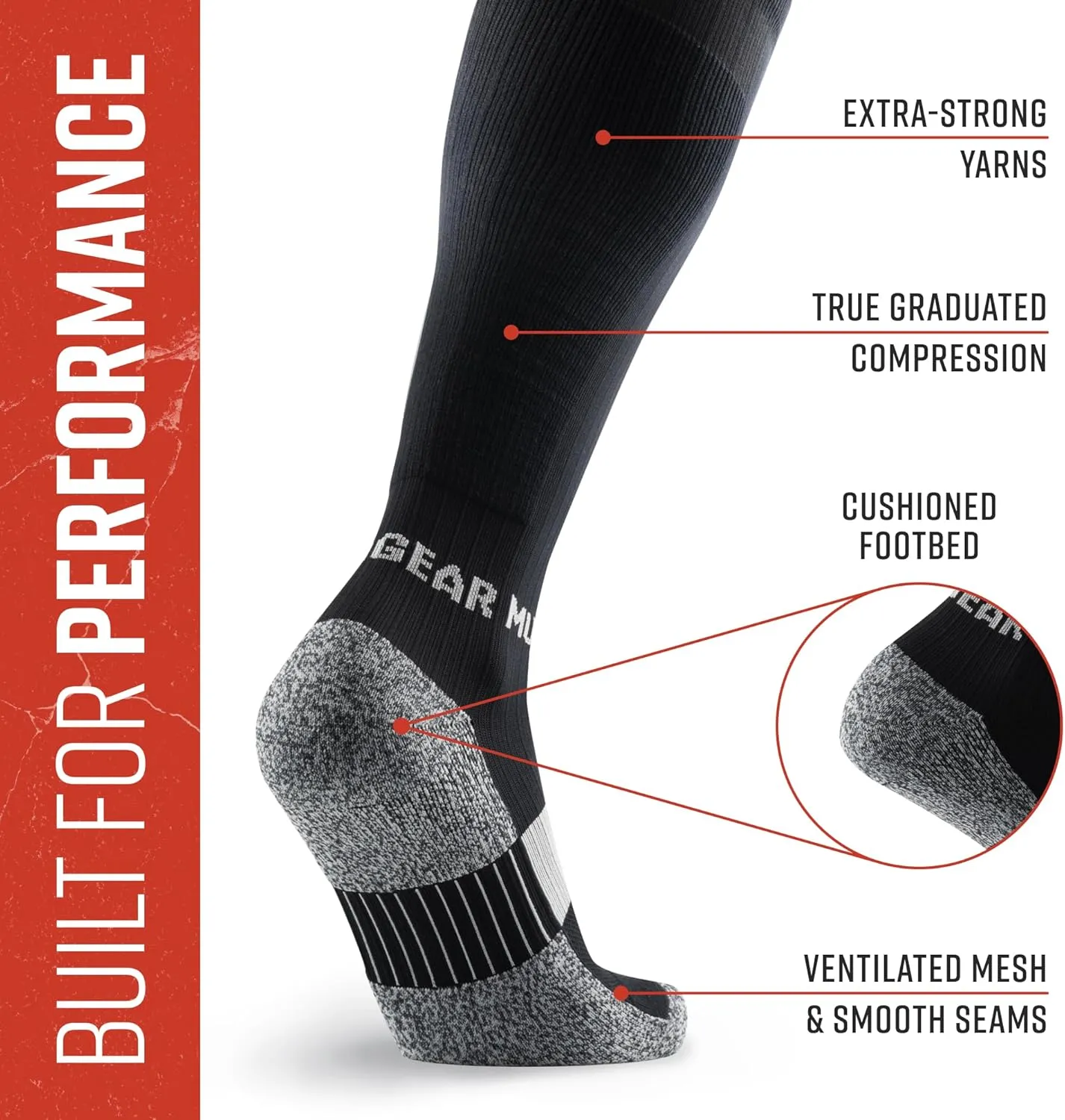 Graduated Compression Socks, Durable, Sweat-Resistant OCR Performance Socks with Cushioned Footbed, Made in USA