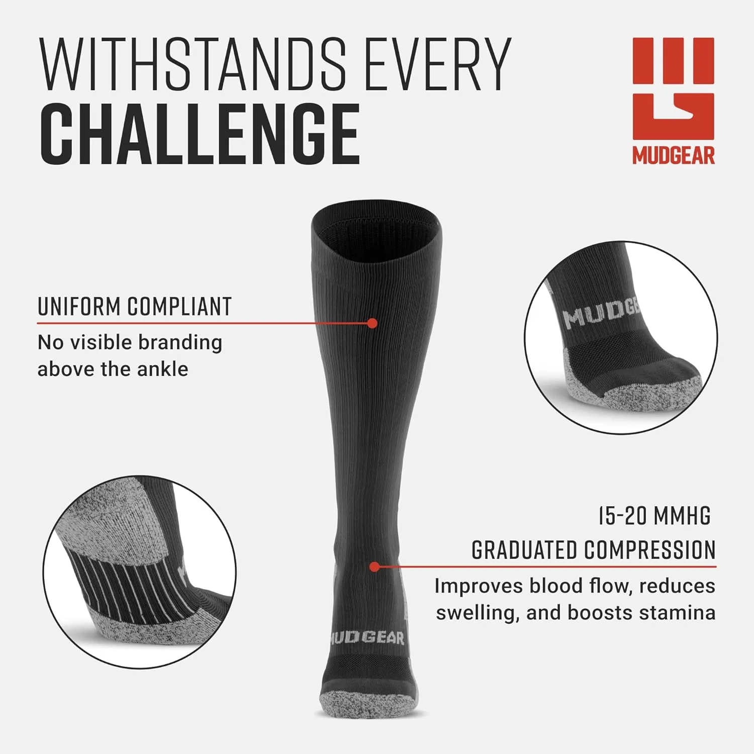 Graduated Compression Socks, Durable, Sweat-Resistant OCR Performance Socks with Cushioned Footbed, Made in USA
