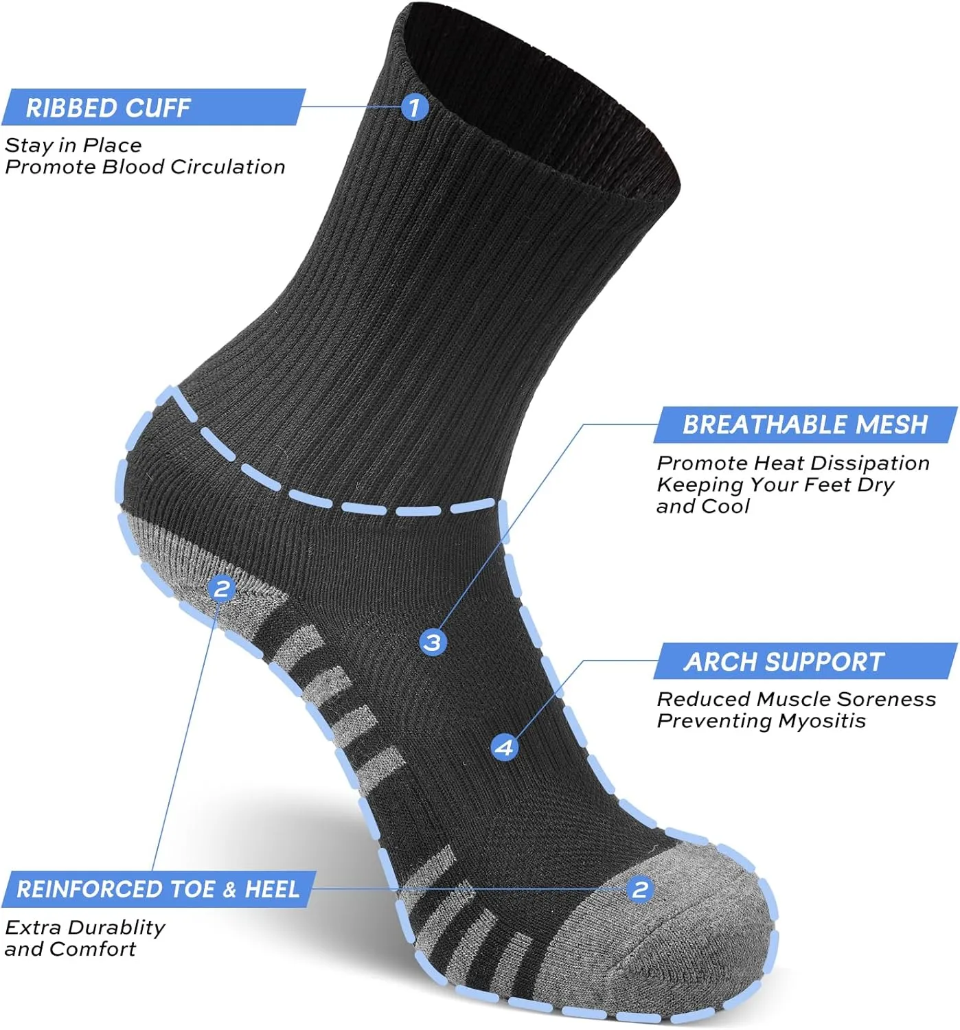 GRAPMKTG 6 Pack Cotton Crew Athletic Socks Men Women Cushioned Boot Work Socks Moisture Wicking Hiking Running Sports Socks