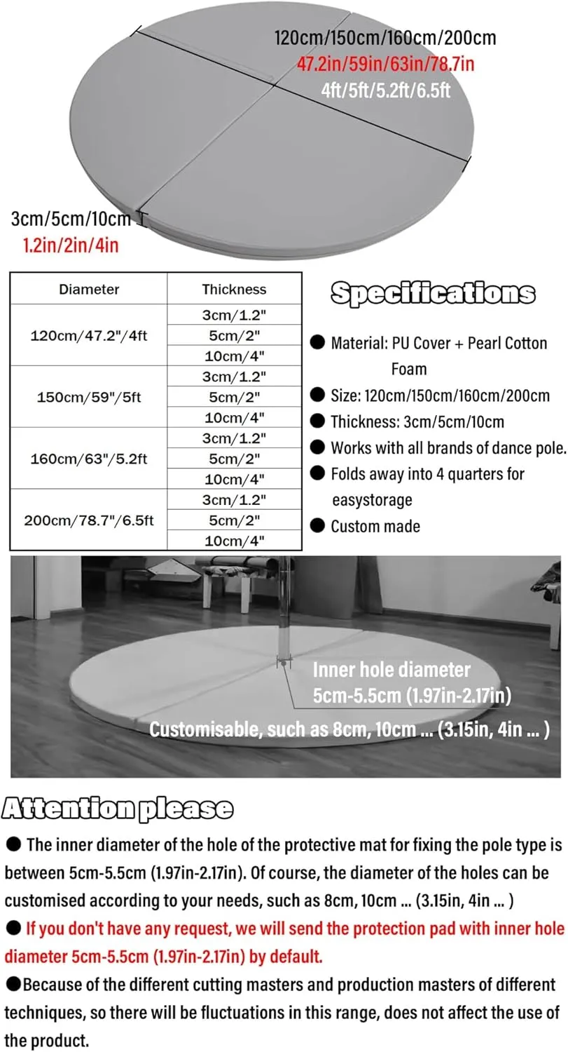 Gray Pole Crash Mat Round - 3ft/4ft/5ft/6ft Foldable Circular Exercise Dance Pole Mat for Home/Studio, 1/2/4 inch Thickness Safety Landing Padding Dancing Cushion for Pole ( Color : 110cm/3.6ft/43in ,