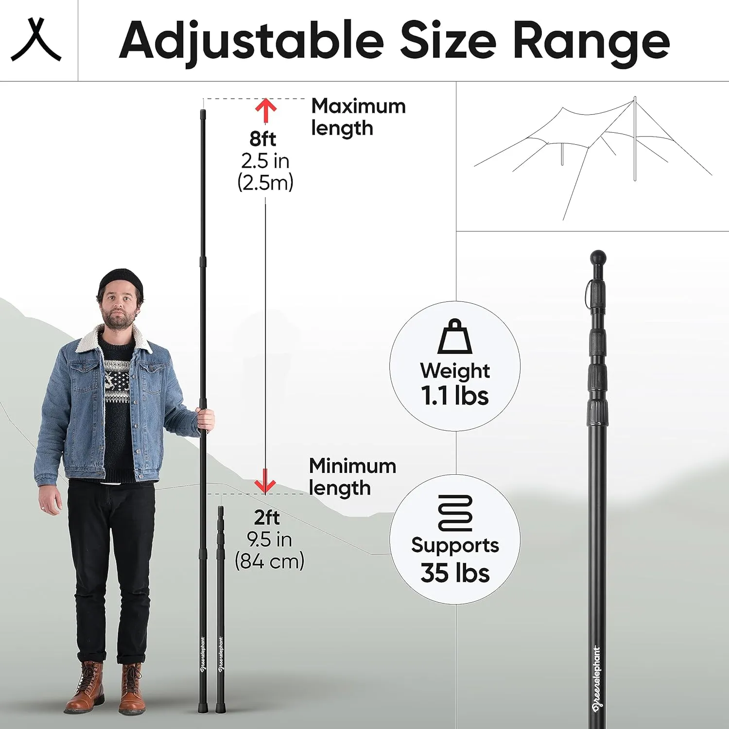 Green Elephant Camping Tarp Poles - Adjustable Aluminum Telescoping Tent Poles for Tarps, Canopy & Awning - Heavy Duty Collapsible Pole Set of 2 - Extends 8ft, Shrinks to 2ft - Caravan & Beach Shade