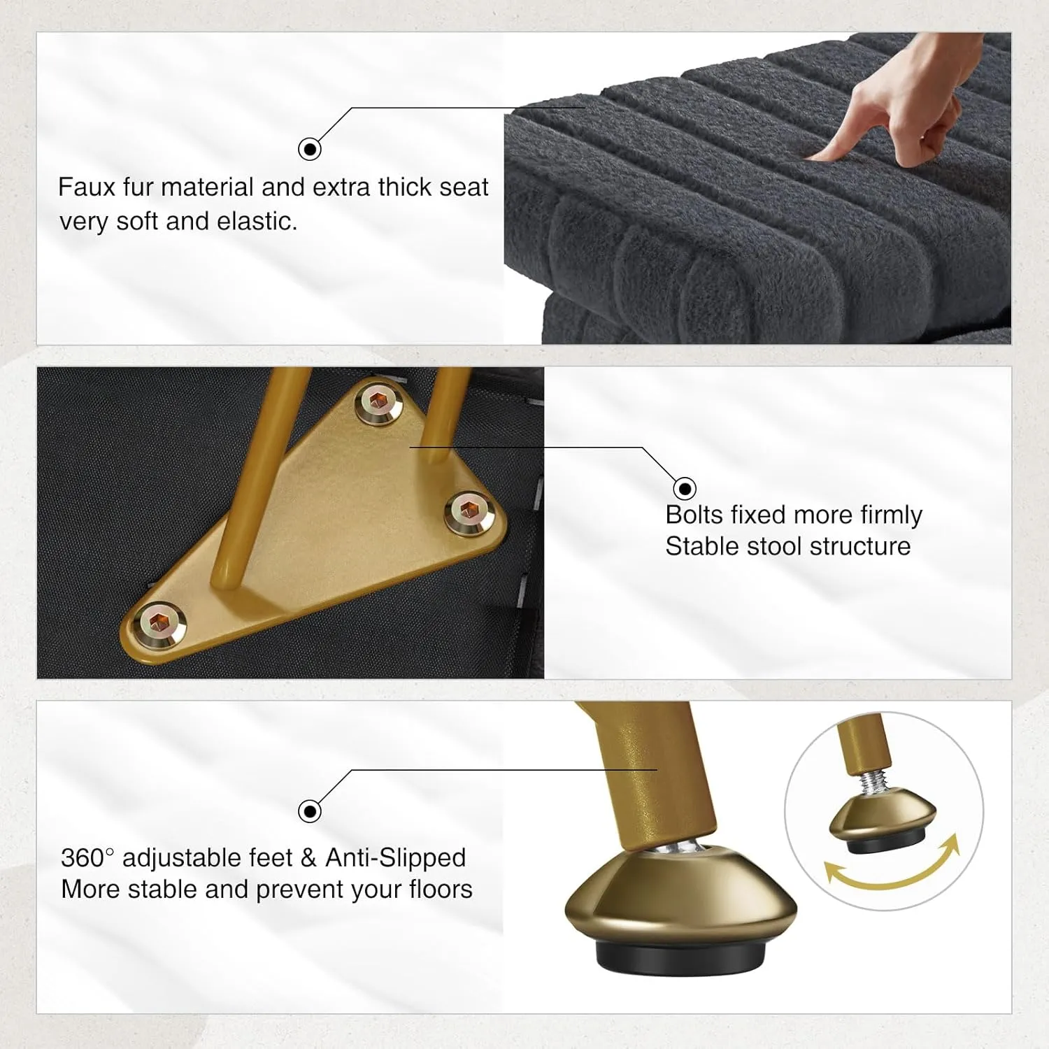 Greenstell Vanity Stool Chair Faux Fur with Storage,15.7"L x 11.8"W x 19.4"H Soft Ottoman 4 Metal Legs with Anti-Slip Feet, Furry Padded Seat, Modern Multifunctional Chairs for Makeup, Bedroom Grey