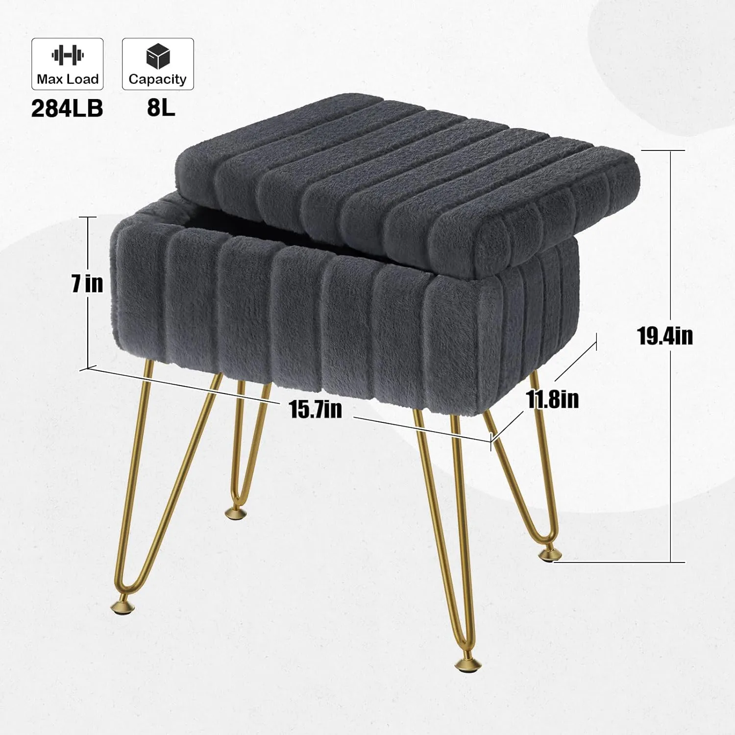 Greenstell Vanity Stool Chair Faux Fur with Storage,15.7"L x 11.8"W x 19.4"H Soft Ottoman 4 Metal Legs with Anti-Slip Feet, Furry Padded Seat, Modern Multifunctional Chairs for Makeup, Bedroom Grey