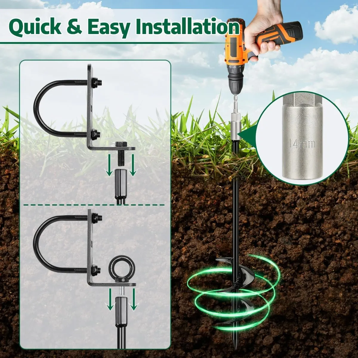 Ground Anchors Screw in - Heavy Duty Trampoline Stakes with Brackets - Multi Purpose Mobile Home Anchors, Storage Shed Anchors, Swing Set Anchors for Garden, Fence, Carport