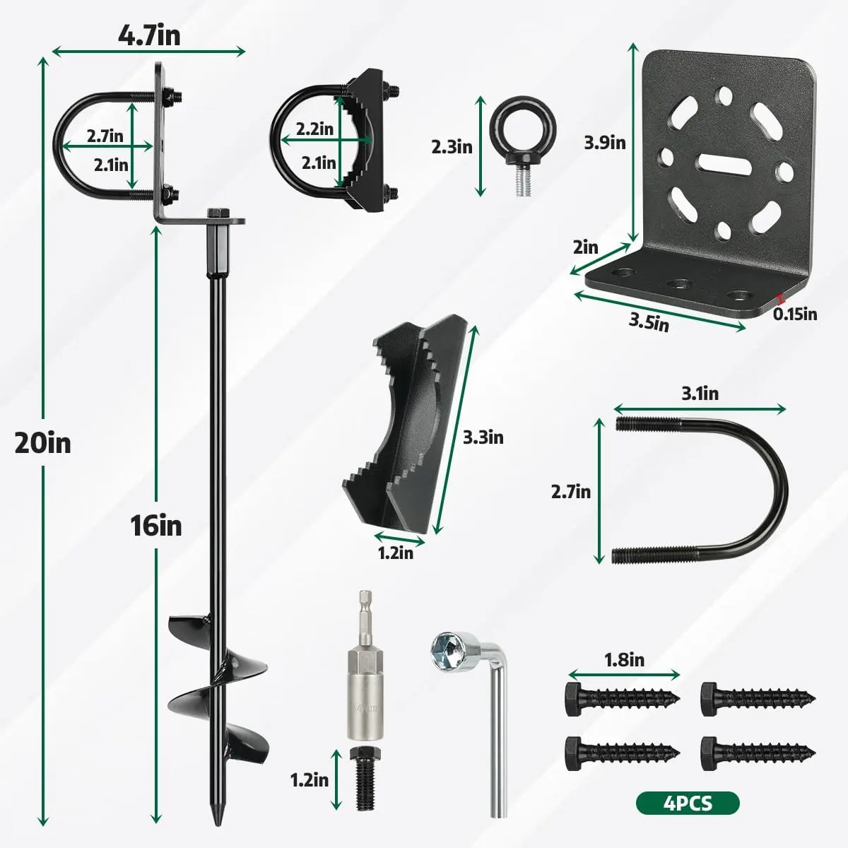 Ground Anchors Screw in - Heavy Duty Trampoline Stakes with Brackets - Multi Purpose Mobile Home Anchors, Storage Shed Anchors, Swing Set Anchors for Garden, Fence, Carport