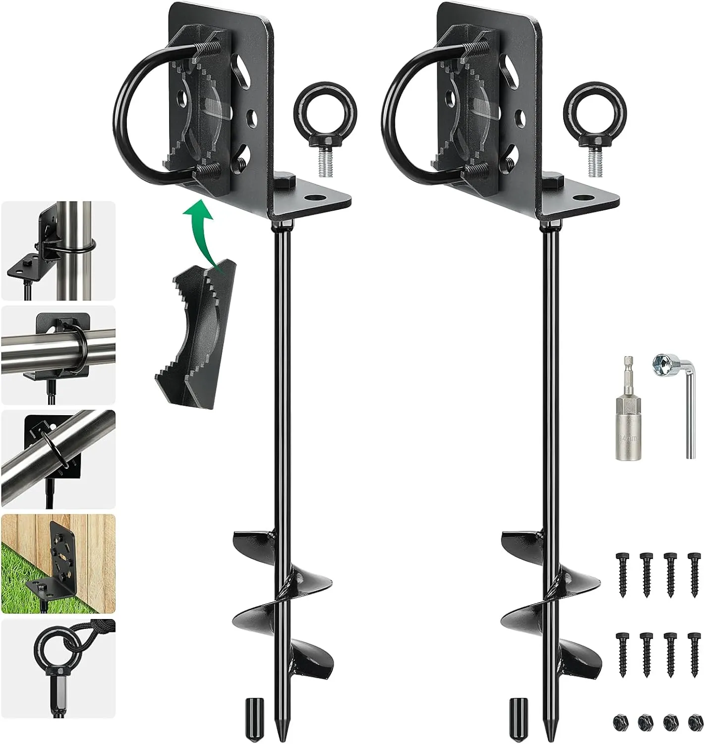 Ground Anchors Screw in - Heavy Duty Trampoline Stakes with Brackets - Multi Purpose Mobile Home Anchors, Storage Shed Anchors, Swing Set Anchors for Garden, Fence, Carport