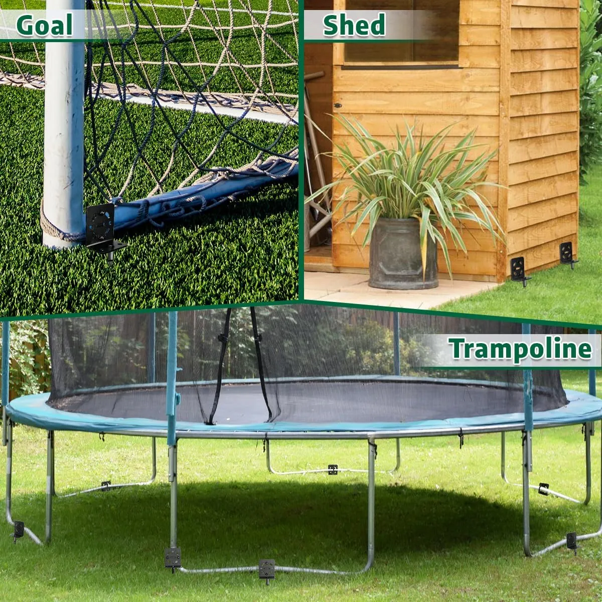 Ground Anchors Screw in - Heavy Duty Trampoline Stakes with Brackets - Multi Purpose Mobile Home Anchors, Storage Shed Anchors, Swing Set Anchors for Garden, Fence, Carport
