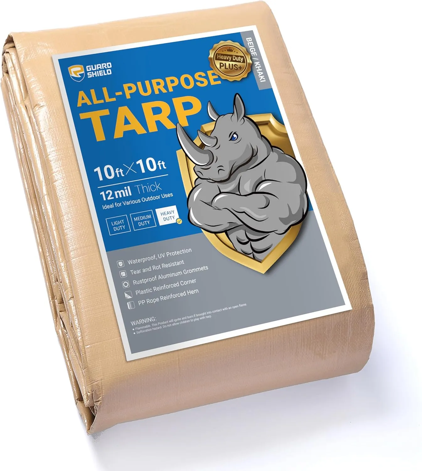GUARD SHIELD Beige Tarp 10x10 Feet Large Tarps Heavy Duty Outdoor Tarpaulin Cover 12mil