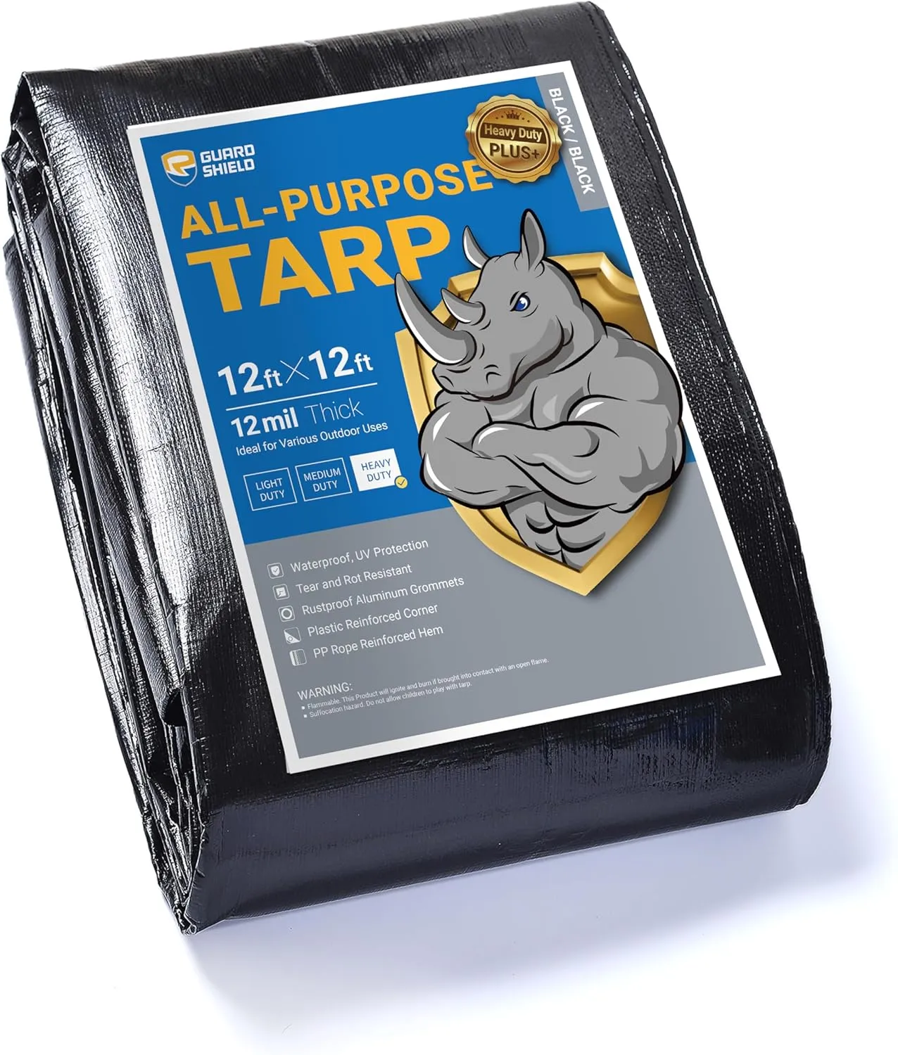 GUARD SHIELD Heavy Duty Tarp 12x12 Feet Black Tarp Large Outdoor Tarps Waterproof with Grommets Cover 12mil
