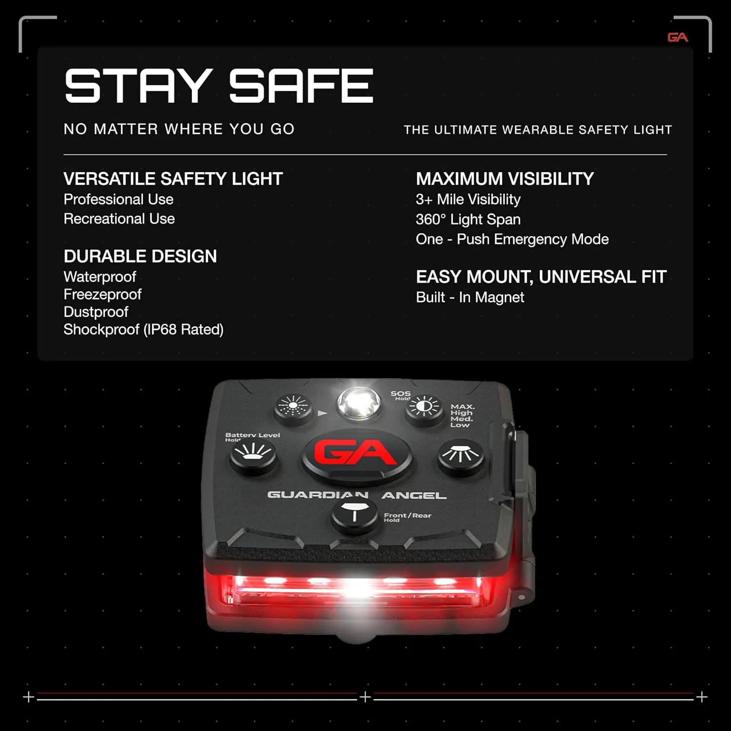 Guardian Angel Micro Series Safety Light, Beacon Device (Red Front & Red Rear) | Rechargeable, Magnetic & Hands-Free Wearable LED Light for Dog Walking, Cycling, Camping, Boating & Kayaking