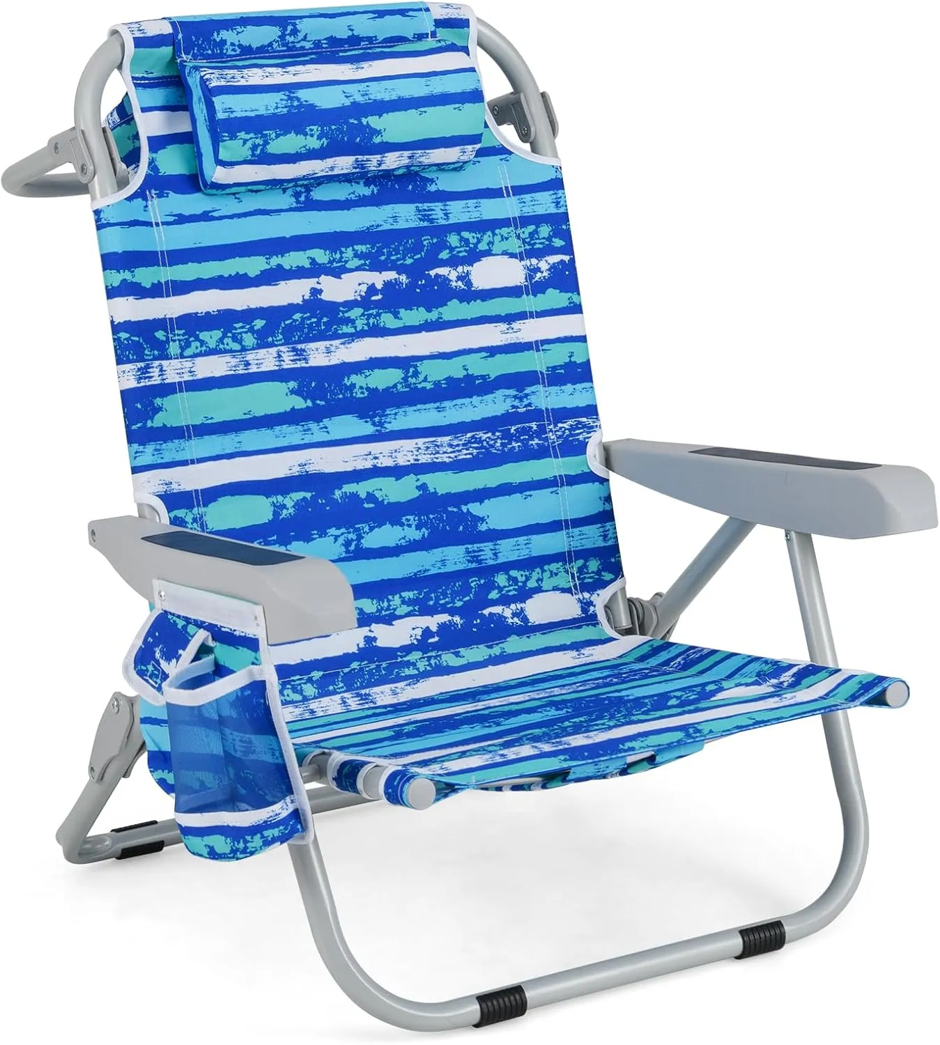 GYMAX Beach Chair, 330lbs Backpack Lounger with 5-Position Backrest, Storage Bag, Side Pocket, Towel Bar & Headrest, Foldable Low Beach Lounge, Portable Aluminum Lay Out Camp Chair (Blue Stripe,1)
