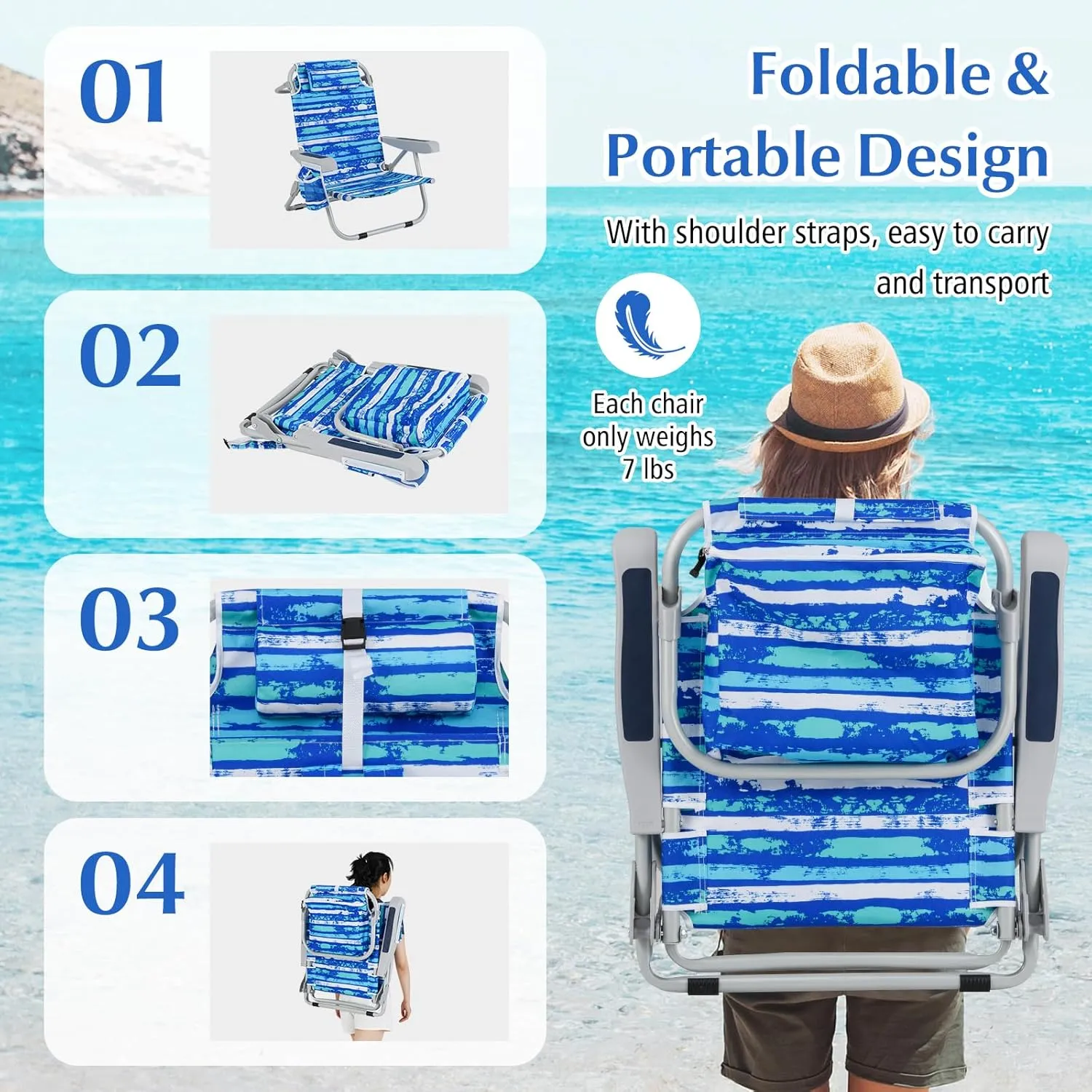 GYMAX Beach Chair, 330lbs Backpack Lounger with 5-Position Backrest, Storage Bag, Side Pocket, Towel Bar & Headrest, Foldable Low Beach Lounge, Portable Aluminum Lay Out Camp Chair (Blue Stripe,1)