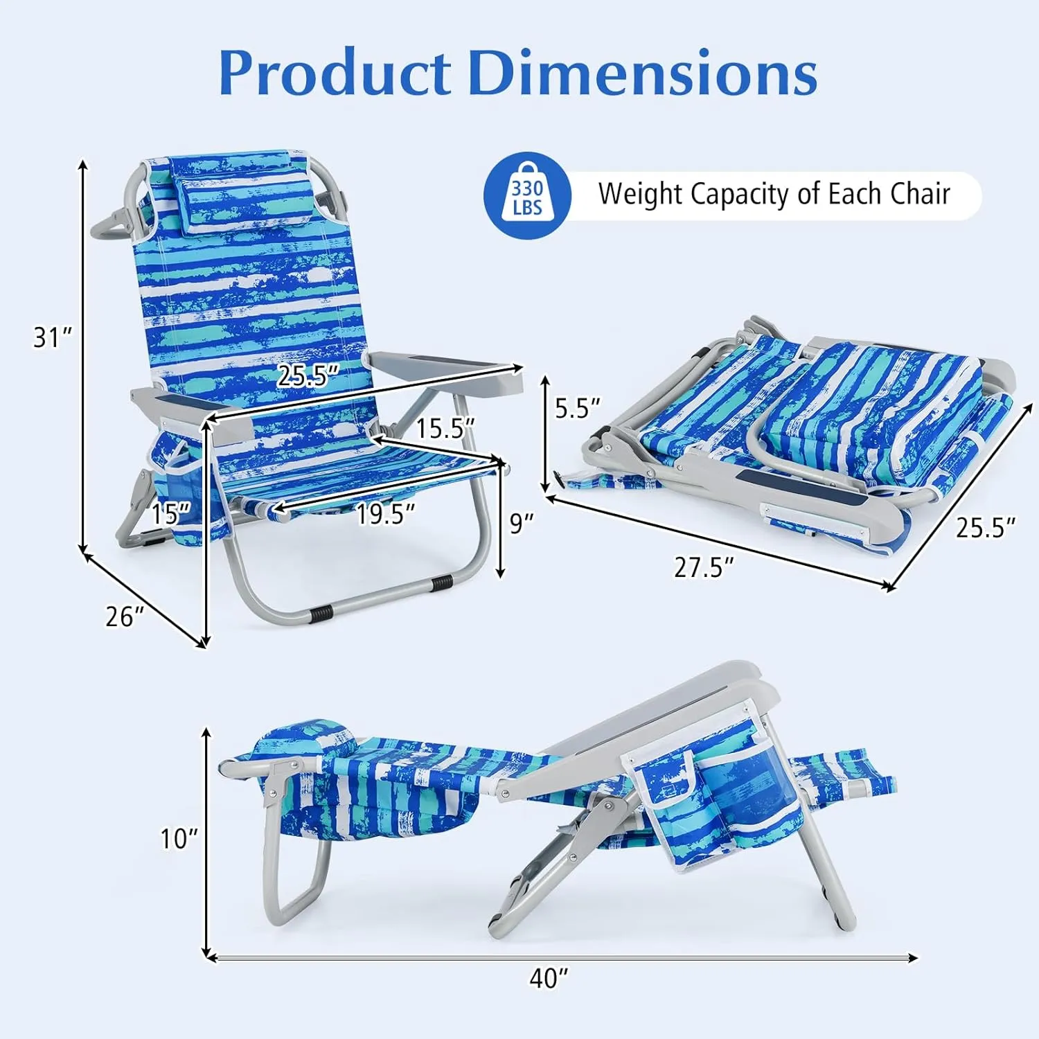 GYMAX Beach Chair, 330lbs Backpack Lounger with 5-Position Backrest, Storage Bag, Side Pocket, Towel Bar & Headrest, Foldable Low Beach Lounge, Portable Aluminum Lay Out Camp Chair (Blue Stripe,1)
