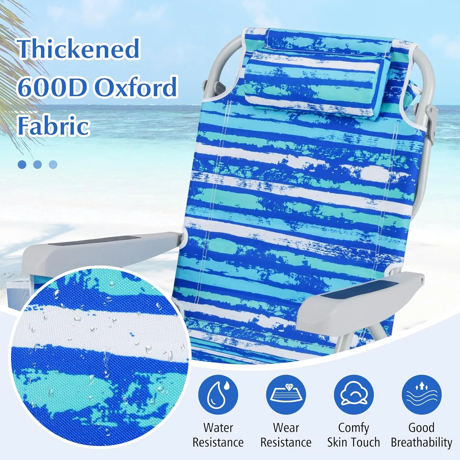 GYMAX Beach Chair, 330lbs Backpack Lounger with 5-Position Backrest, Storage Bag, Side Pocket, Towel Bar & Headrest, Foldable Low Beach Lounge, Portable Aluminum Lay Out Camp Chair (Blue Stripe,1)