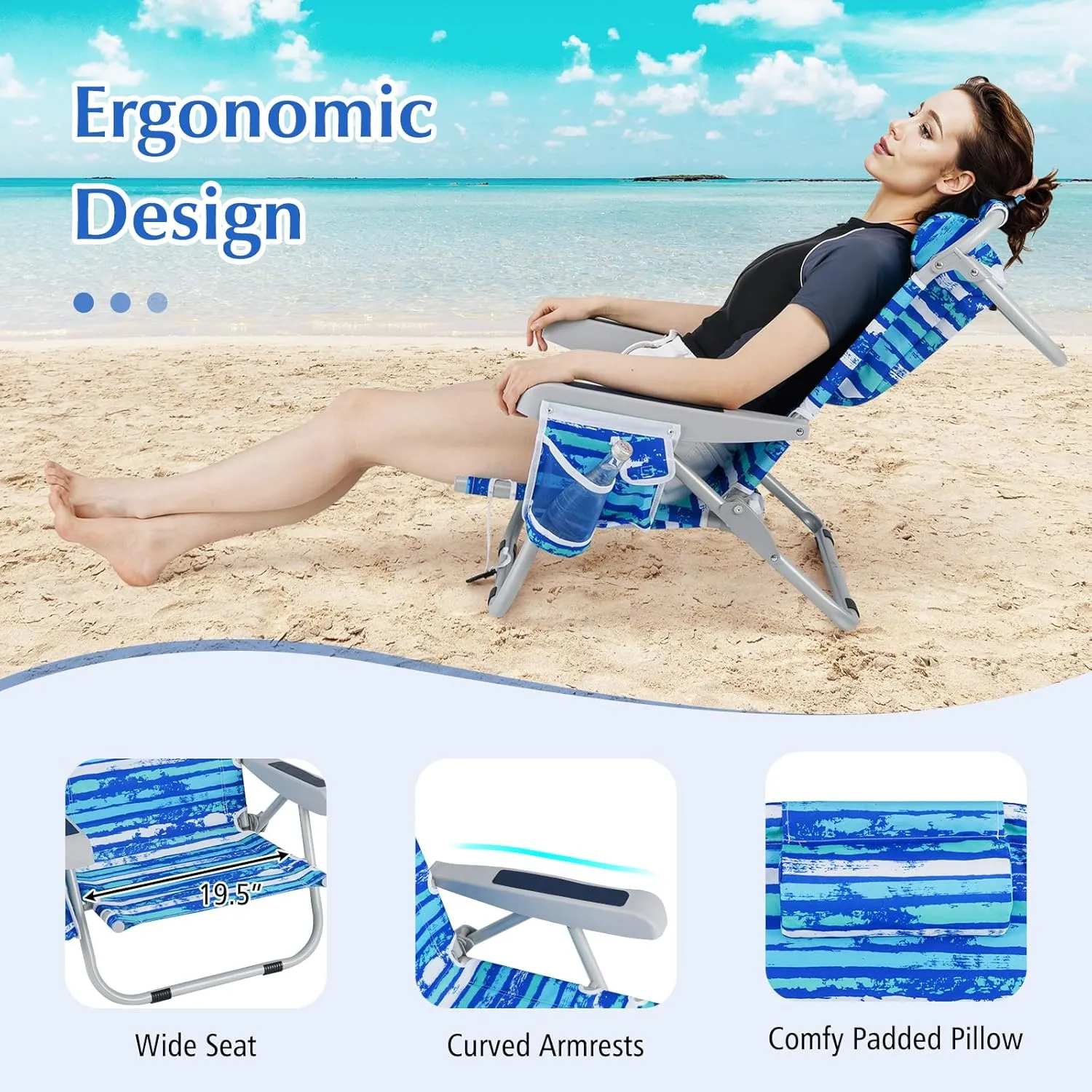 GYMAX Beach Chair, 330lbs Backpack Lounger with 5-Position Backrest, Storage Bag, Side Pocket, Towel Bar & Headrest, Foldable Low Beach Lounge, Portable Aluminum Lay Out Camp Chair (Blue Stripe,1)