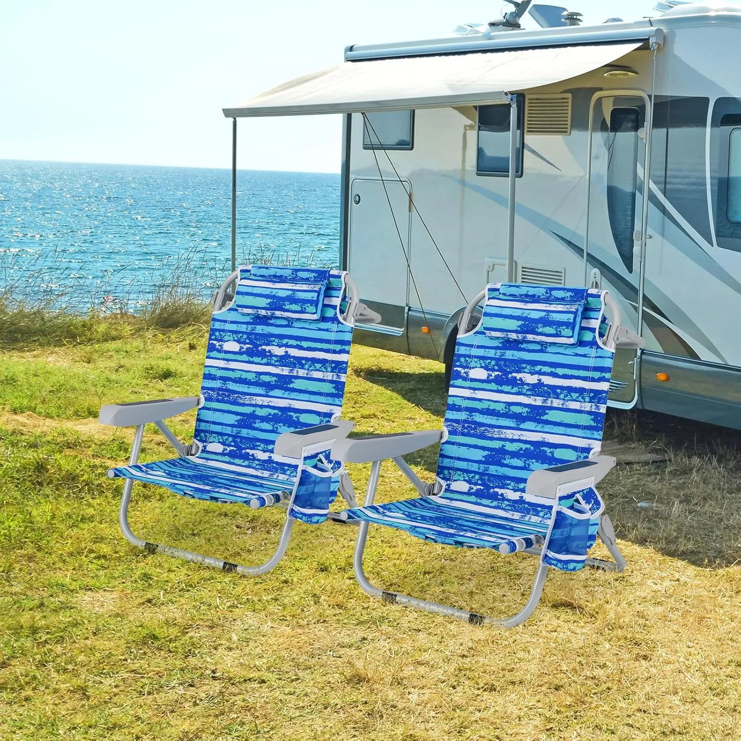 GYMAX Beach Chair, 330lbs Backpack Lounger with 5-Position Backrest, Storage Bag, Side Pocket, Towel Bar & Headrest, Foldable Low Beach Lounge, Portable Aluminum Lay Out Camp Chair (Blue Stripe,1)