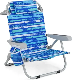 GYMAX Beach Chair, 330lbs Backpack Lounger with 5-Position Backrest, Storage Bag, Side Pocket, Towel Bar & Headrest, Foldable Low Beach Lounge, Portable Aluminum Lay Out Camp Chair (Blue Stripe,1)