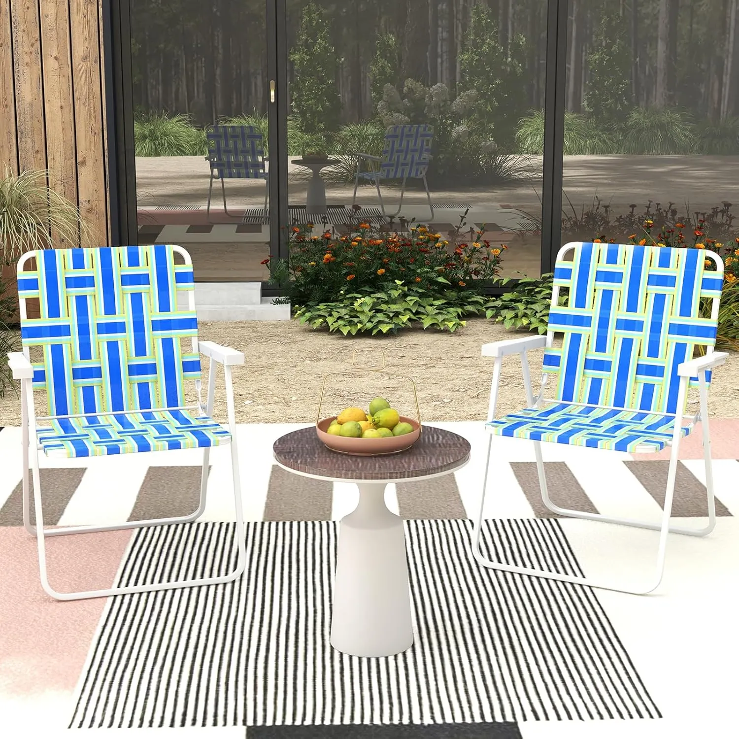 GYMAX Folding Chair, Patio Lawn Chair Set with Armrest, Indoor/Outdoor 4 Pack Webbed Lightweight Dinning Chair, Portable Beach Chair for Outside, Poolside, Backyard (Blue & Green, 4)