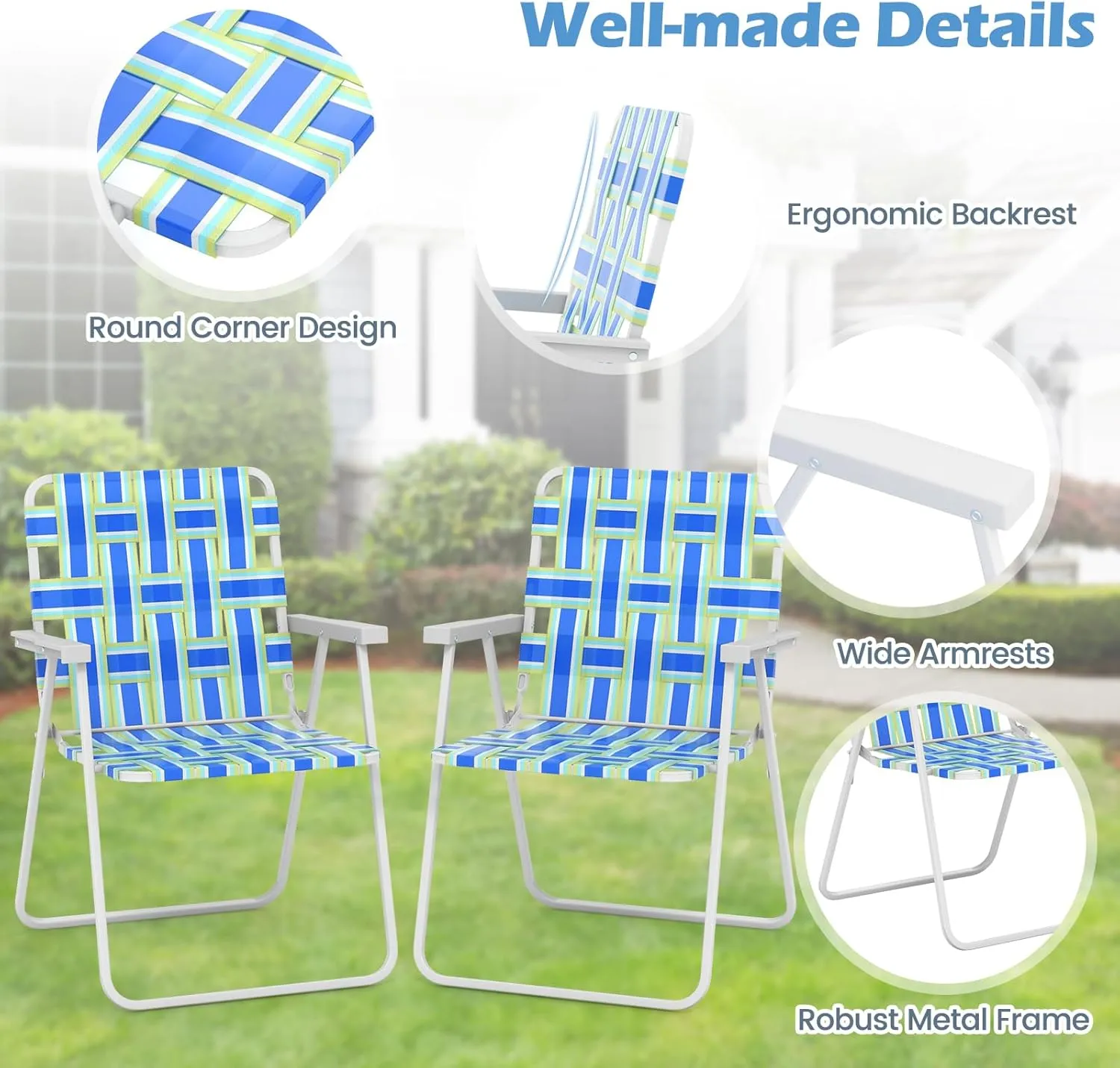 GYMAX Folding Chair, Patio Lawn Chair Set with Armrest, Indoor/Outdoor 4 Pack Webbed Lightweight Dinning Chair, Portable Beach Chair for Outside, Poolside, Backyard (Blue & Green, 4)