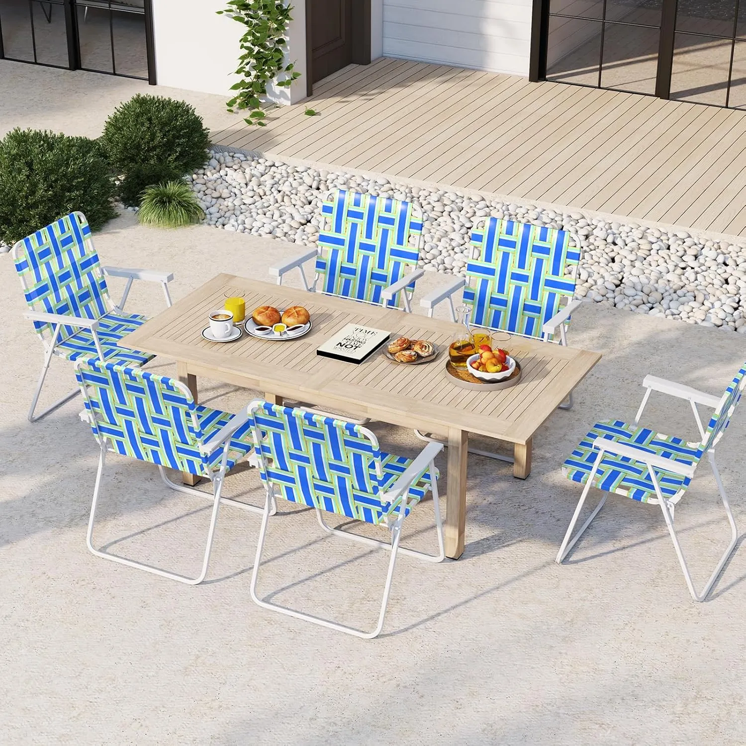 GYMAX Folding Chair, Patio Lawn Chair Set with Armrest, Indoor/Outdoor 4 Pack Webbed Lightweight Dinning Chair, Portable Beach Chair for Outside, Poolside, Backyard (Blue & Green, 4)