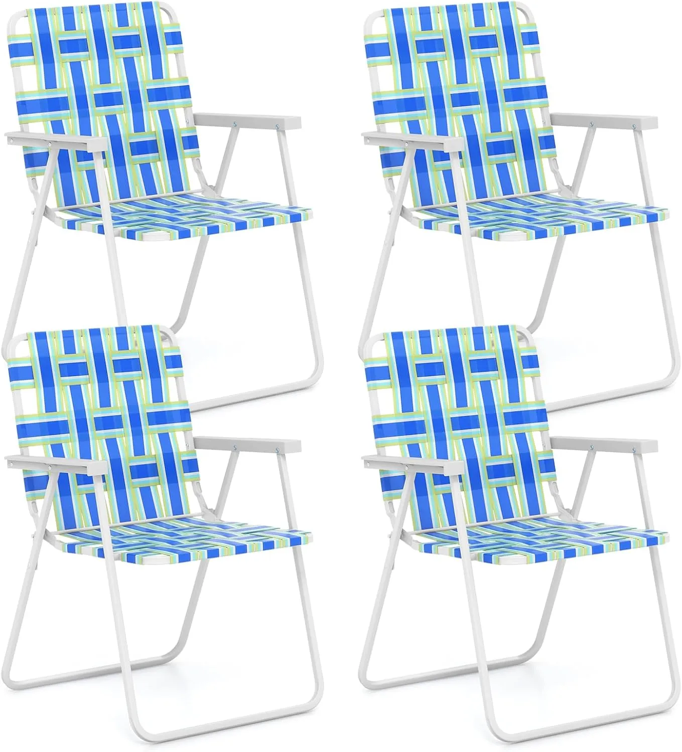 GYMAX Folding Chair, Patio Lawn Chair Set with Armrest, Indoor/Outdoor 4 Pack Webbed Lightweight Dinning Chair, Portable Beach Chair for Outside, Poolside, Backyard (Blue & Green, 4)