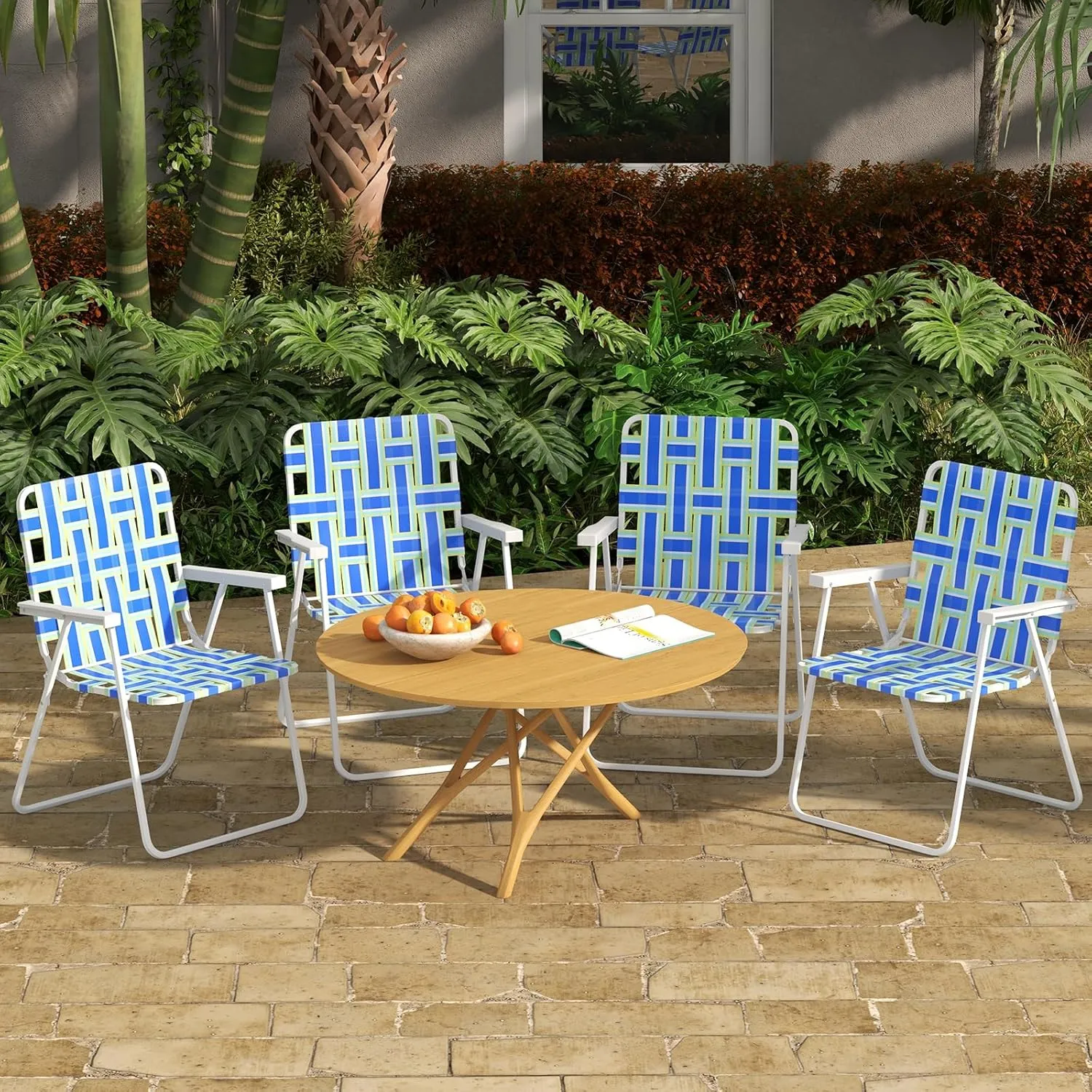 GYMAX Folding Chair, Patio Lawn Chair Set with Armrest, Indoor/Outdoor 4 Pack Webbed Lightweight Dinning Chair, Portable Beach Chair for Outside, Poolside, Backyard (Blue & Green, 4)
