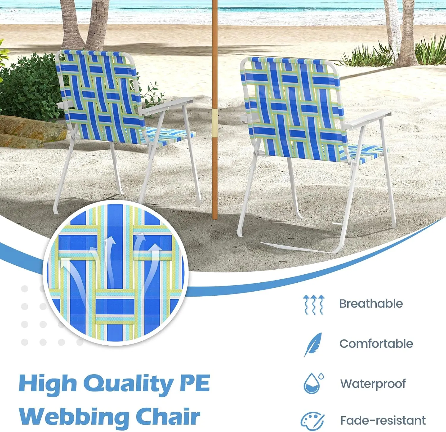 GYMAX Folding Chair, Patio Lawn Chair Set with Armrest, Indoor/Outdoor 4 Pack Webbed Lightweight Dinning Chair, Portable Beach Chair for Outside, Poolside, Backyard (Blue & Green, 4)